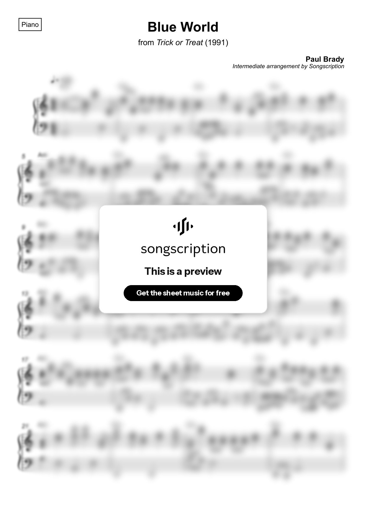 Intermediate Piano Sheet Music for "Blue World" by Paul Brady