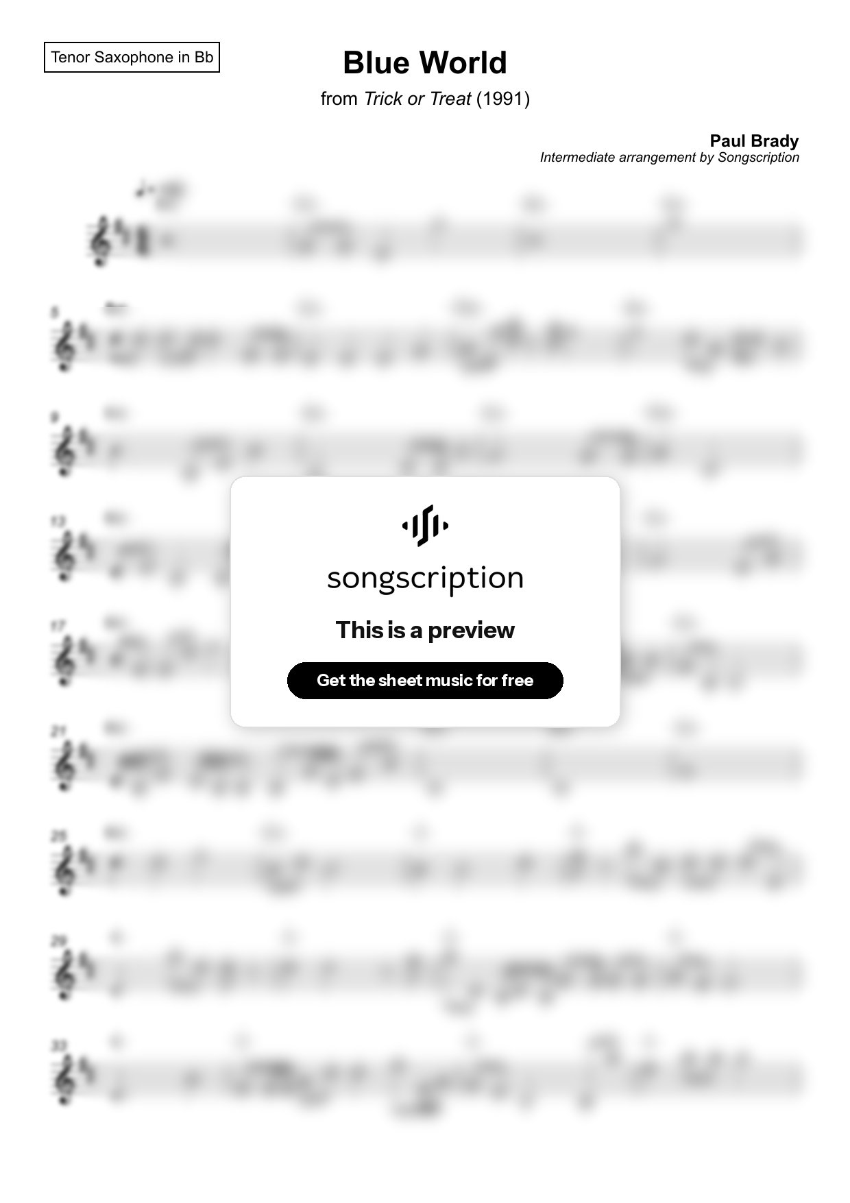 Intermediate Tenor Sax Sheet Music for "Blue World" by Paul Brady