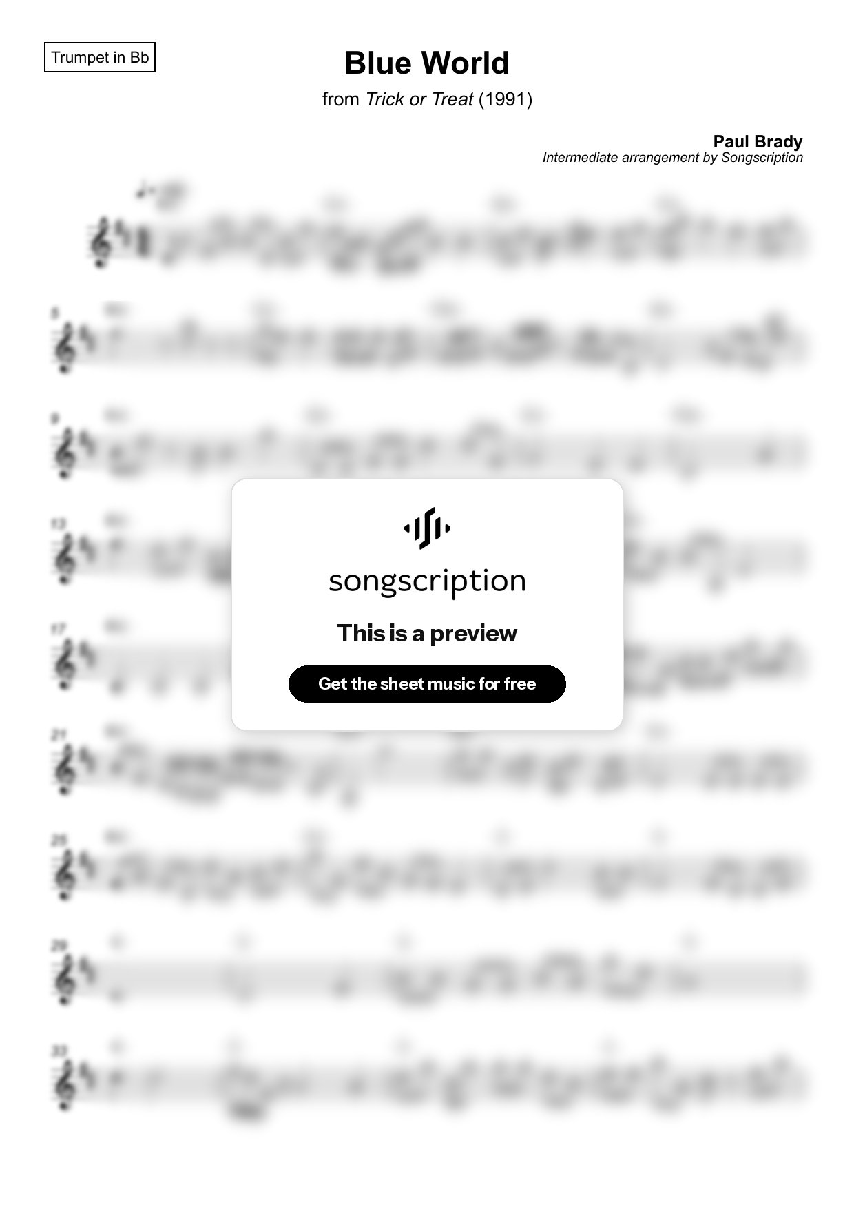 Intermediate Trumpet Sheet Music for "Blue World" by Paul Brady