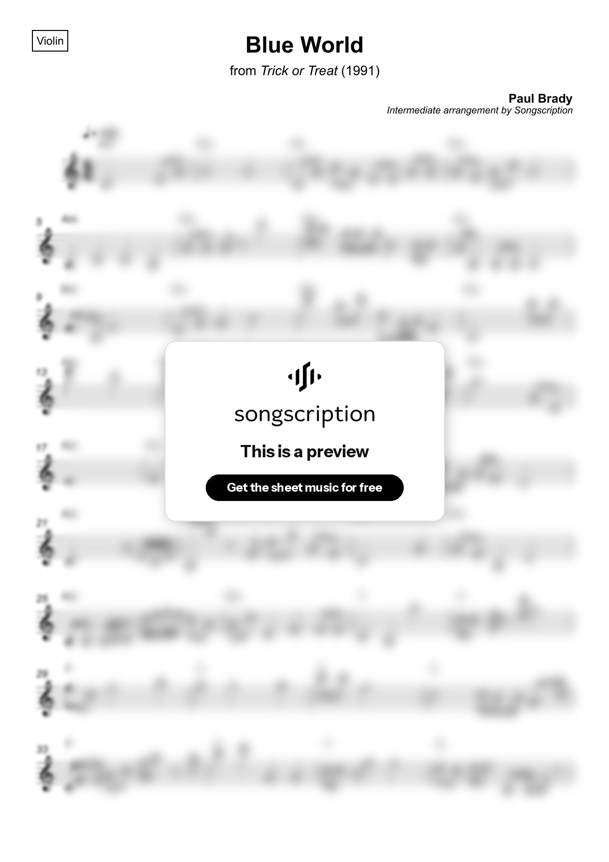 Intermediate Violin Sheet Music for "Blue World" by Paul Brady