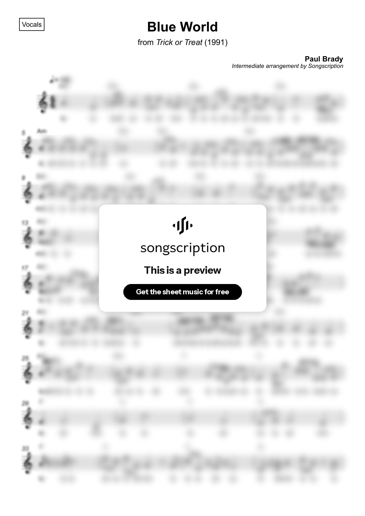 Intermediate Vocals Sheet Music for "Blue World" by Paul Brady