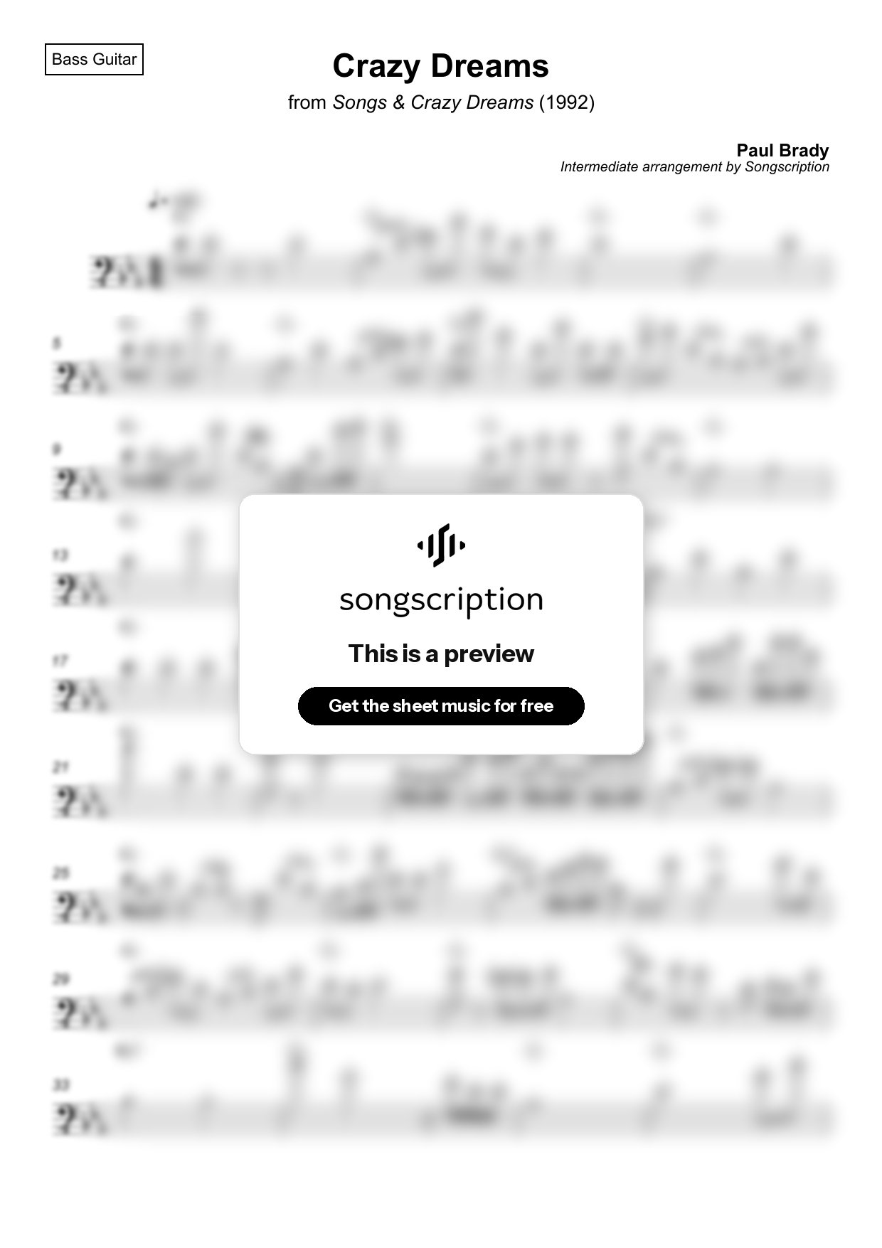 Intermediate Bass Guitar Sheet Music for "Crazy Dreams" by Paul Brady