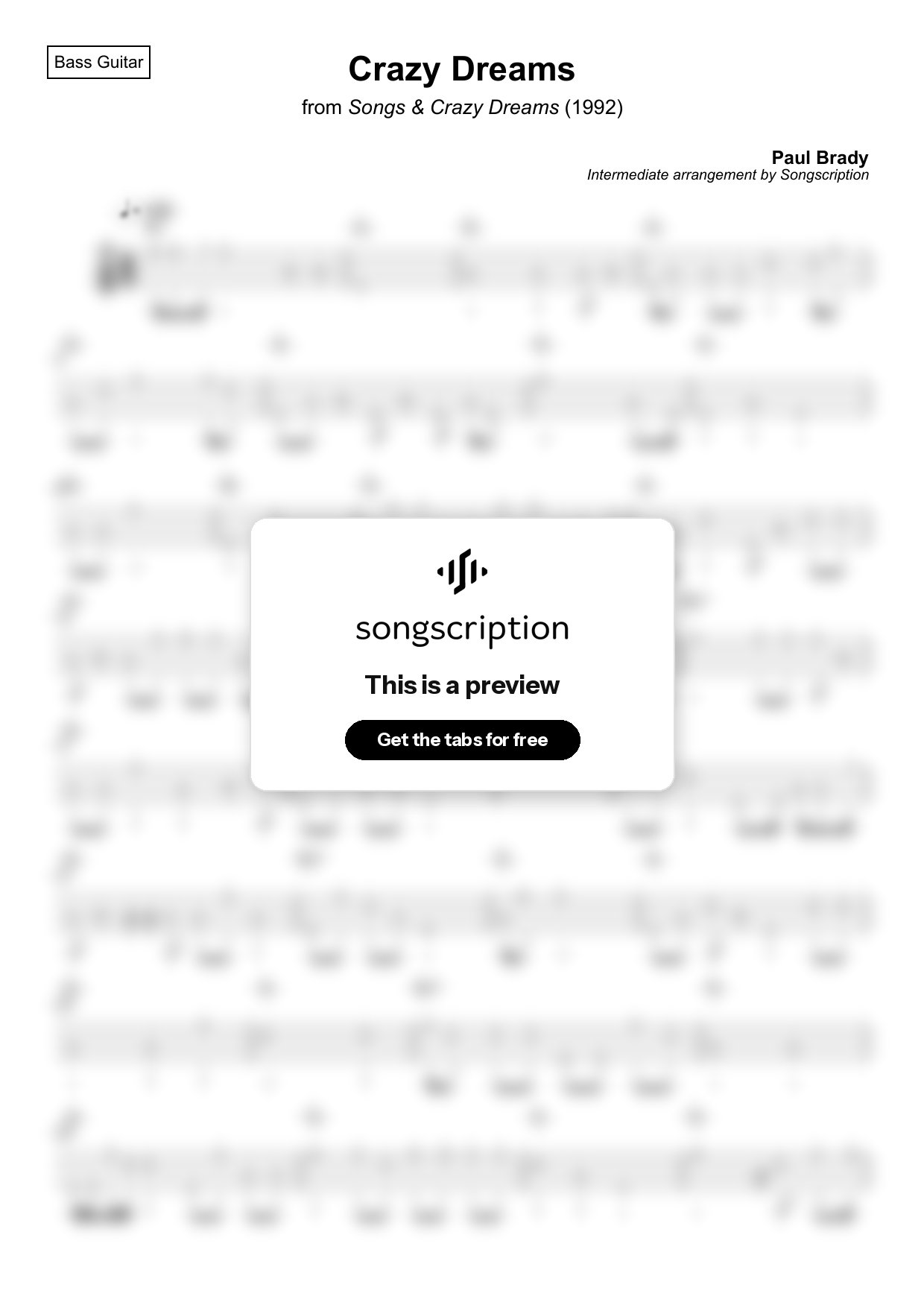 Intermediate Bass Guitar Tabs for "Crazy Dreams" by Paul Brady