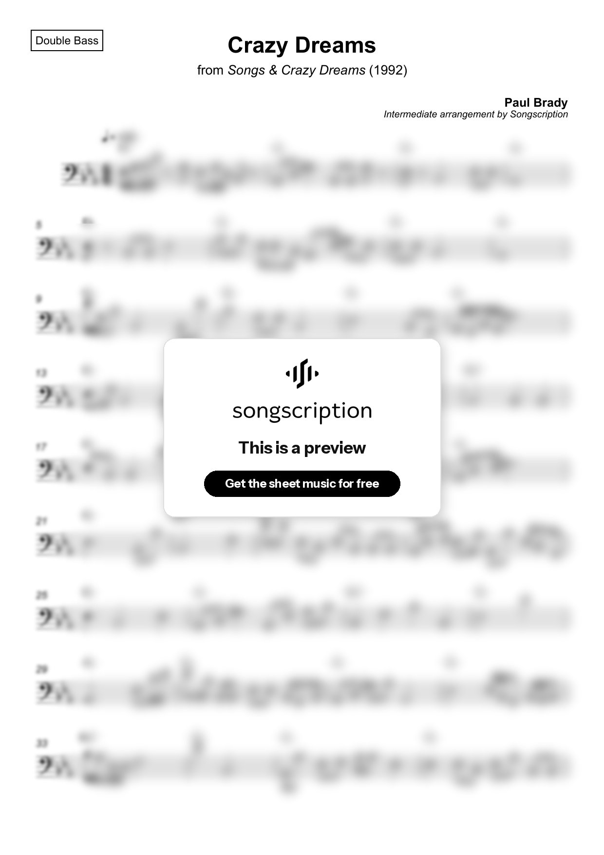 Intermediate Double Bass Sheet Music for "Crazy Dreams" by Paul Brady