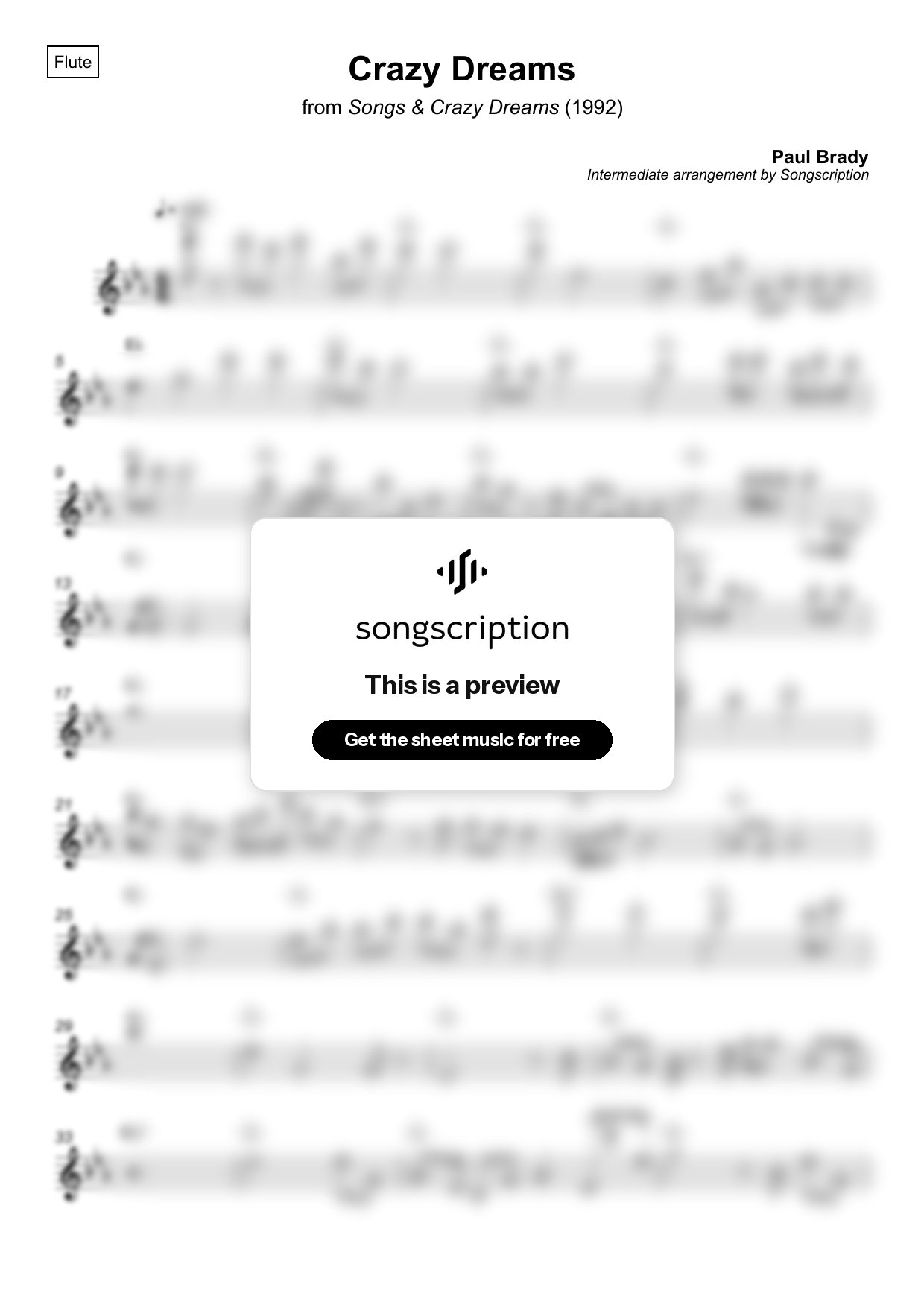 Intermediate Flute Sheet Music for "Crazy Dreams" by Paul Brady