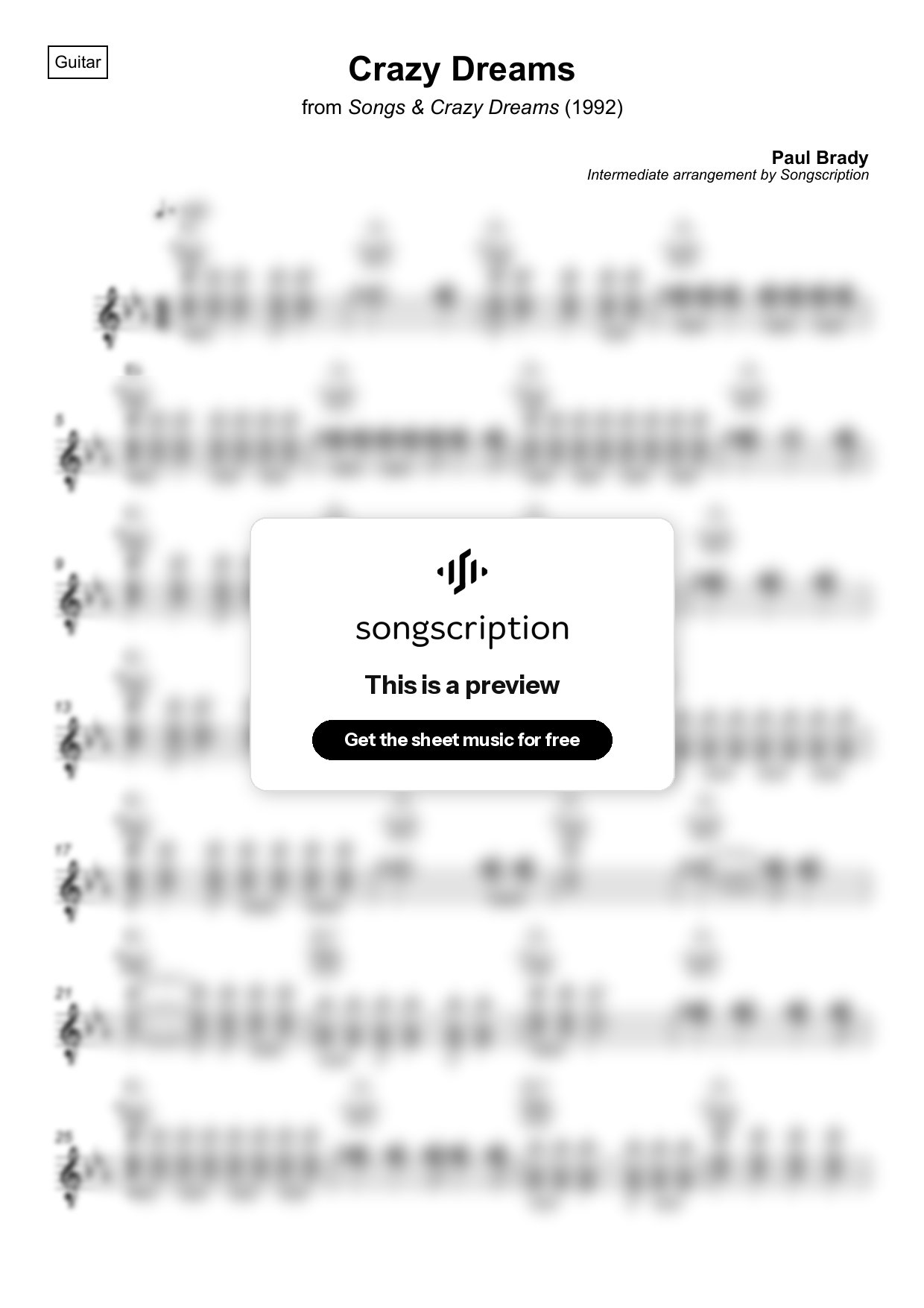 Intermediate Acoustic Guitar Sheet Music for "Crazy Dreams" by Paul Brady