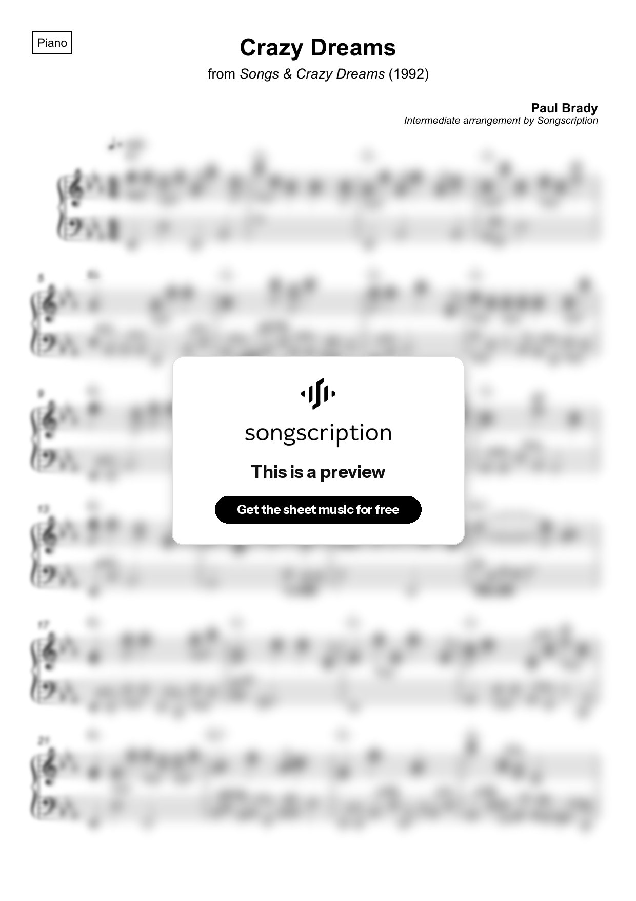Intermediate Piano Sheet Music for "Crazy Dreams" by Paul Brady