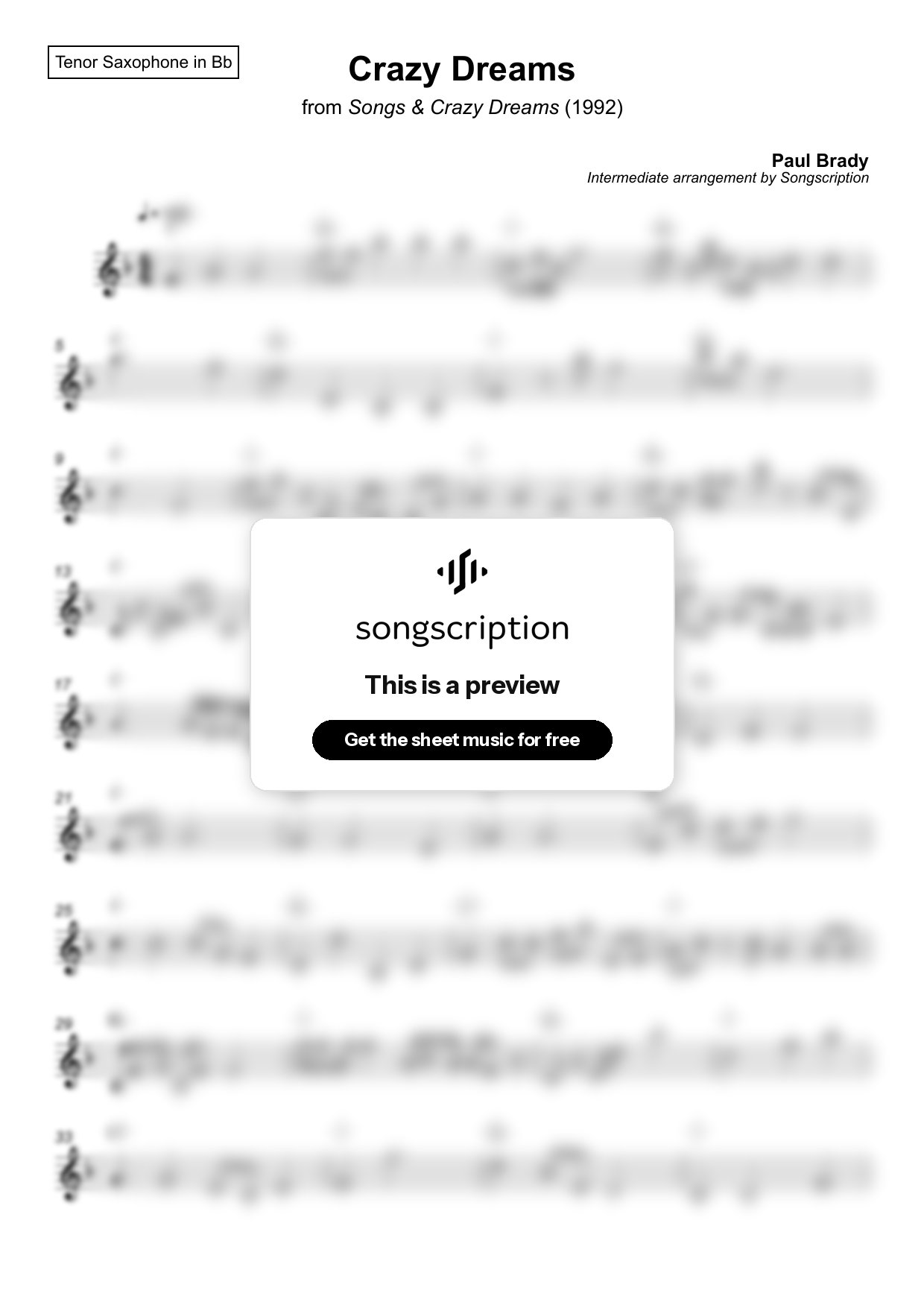 Intermediate Tenor Sax Sheet Music for "Crazy Dreams" by Paul Brady