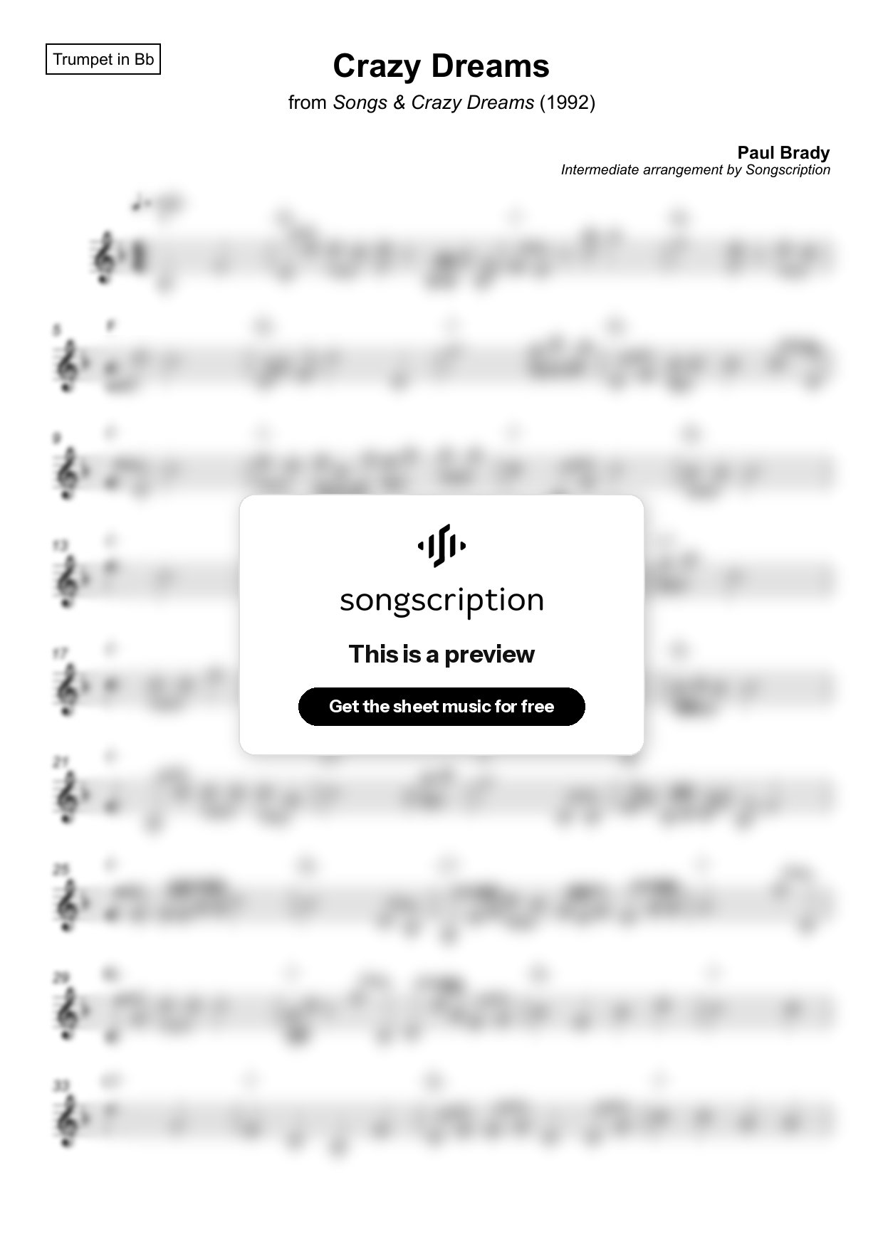 Intermediate Trumpet Sheet Music for "Crazy Dreams" by Paul Brady