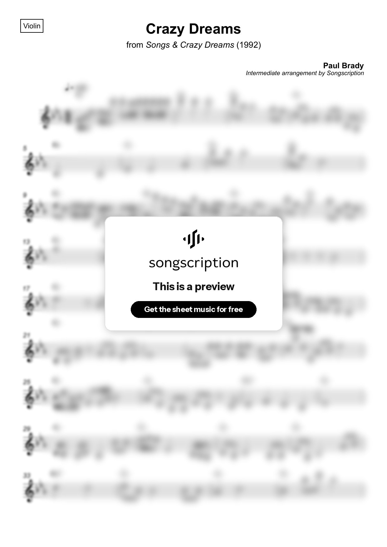 Intermediate Violin Sheet Music for "Crazy Dreams" by Paul Brady