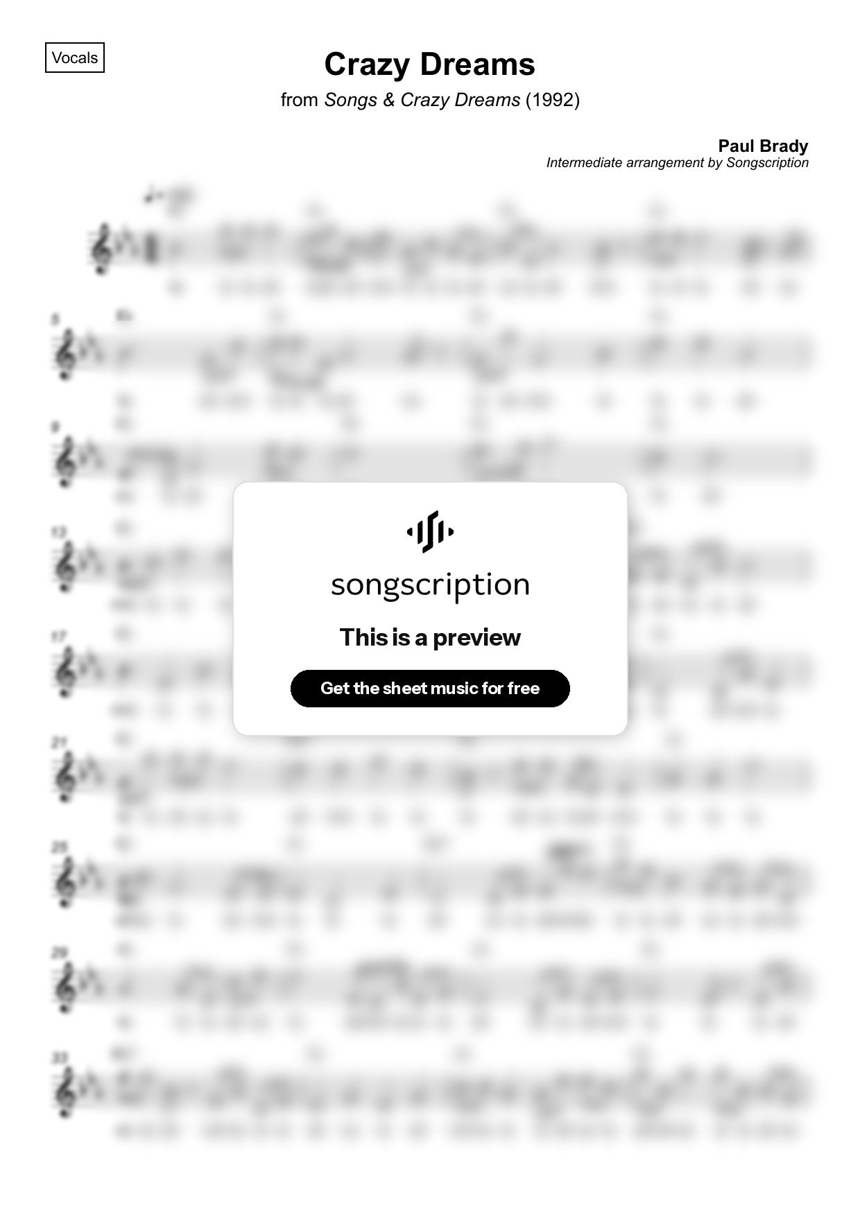 Intermediate Vocals Sheet Music for "Crazy Dreams" by Paul Brady