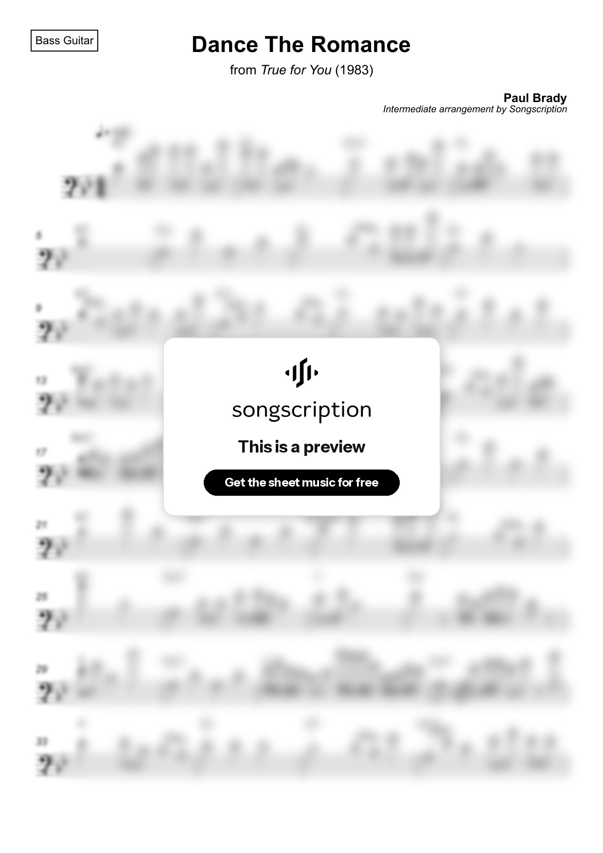 Intermediate Bass Guitar Sheet Music for "Dance The Romance" by Paul Brady