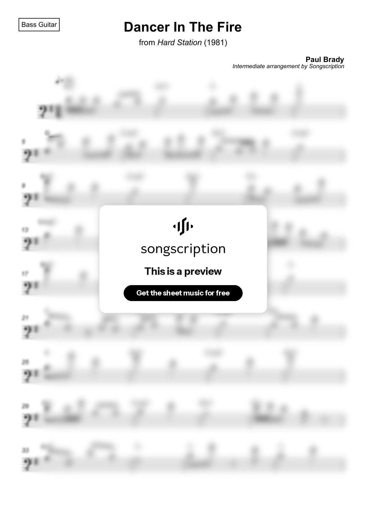 Intermediate Bass Guitar Sheet Music for "Dancer In The Fire" by Paul Brady