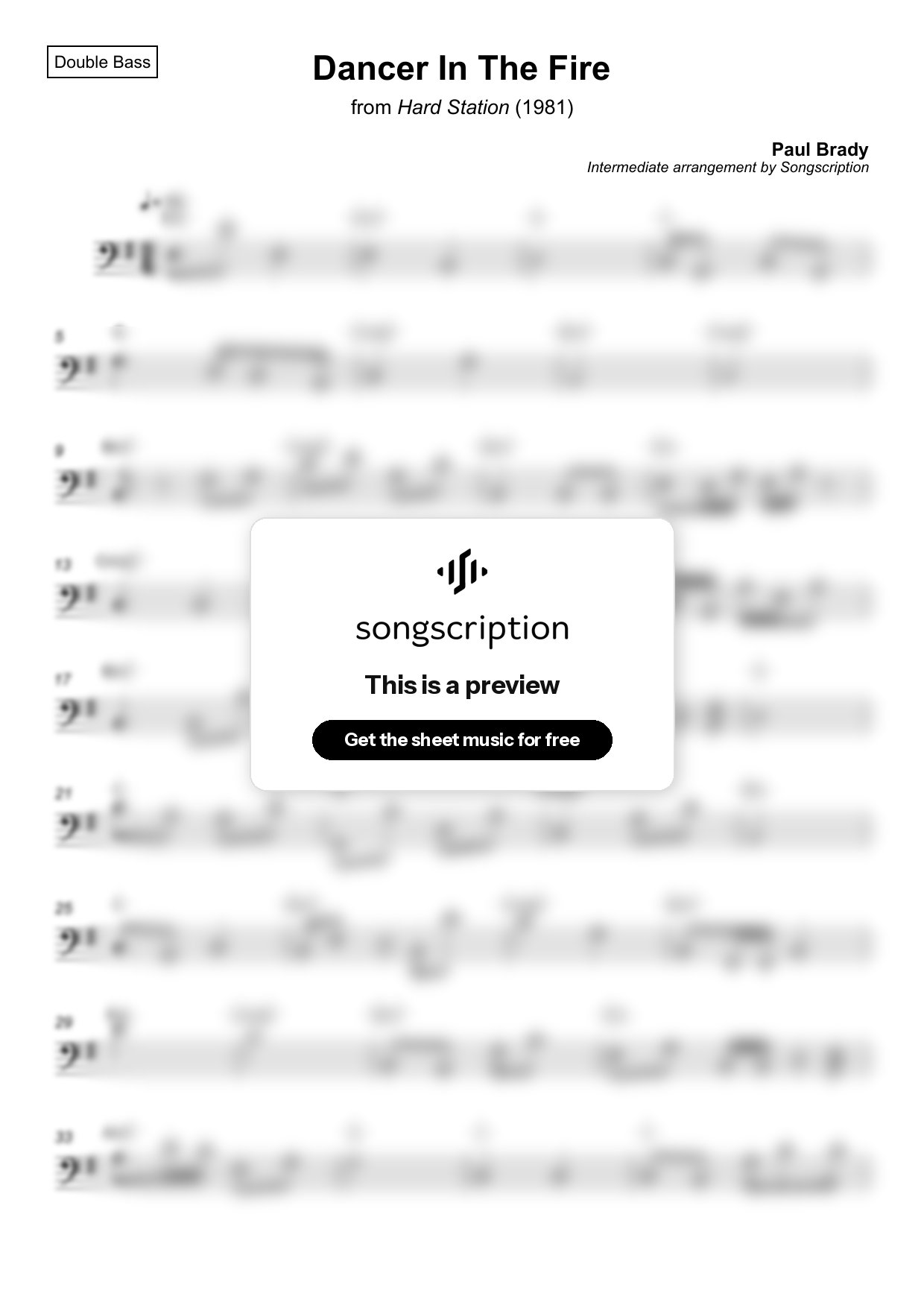 Intermediate Double Bass Sheet Music for "Dancer In The Fire" by Paul Brady