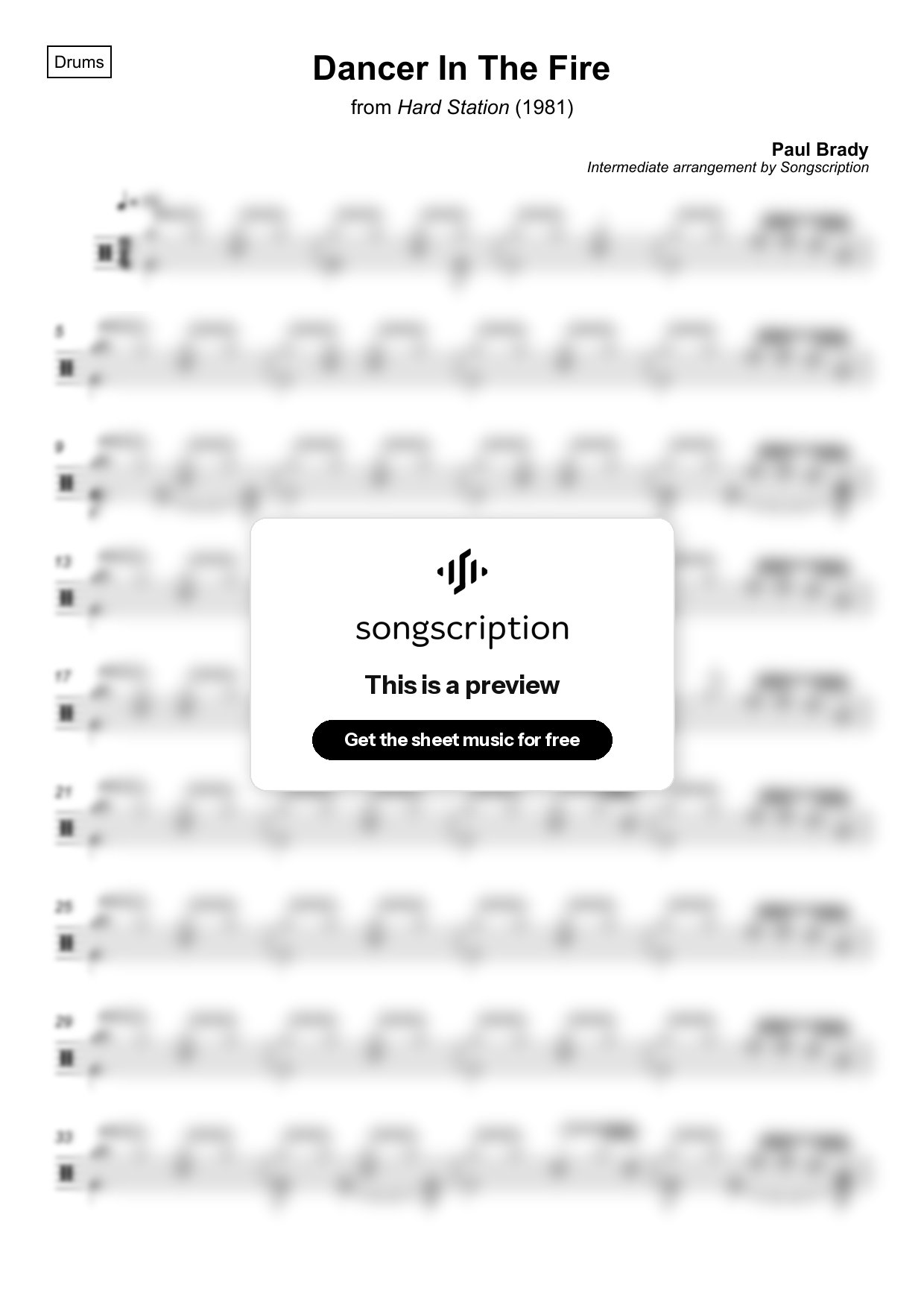 Intermediate Drums Sheet Music for "Dancer In The Fire" by Paul Brady