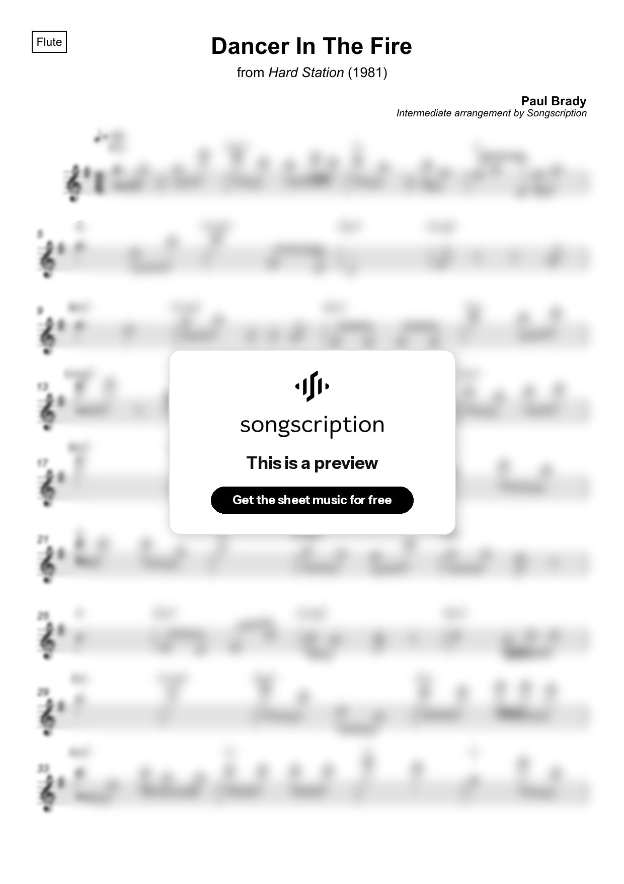 Intermediate Flute Sheet Music for "Dancer In The Fire" by Paul Brady