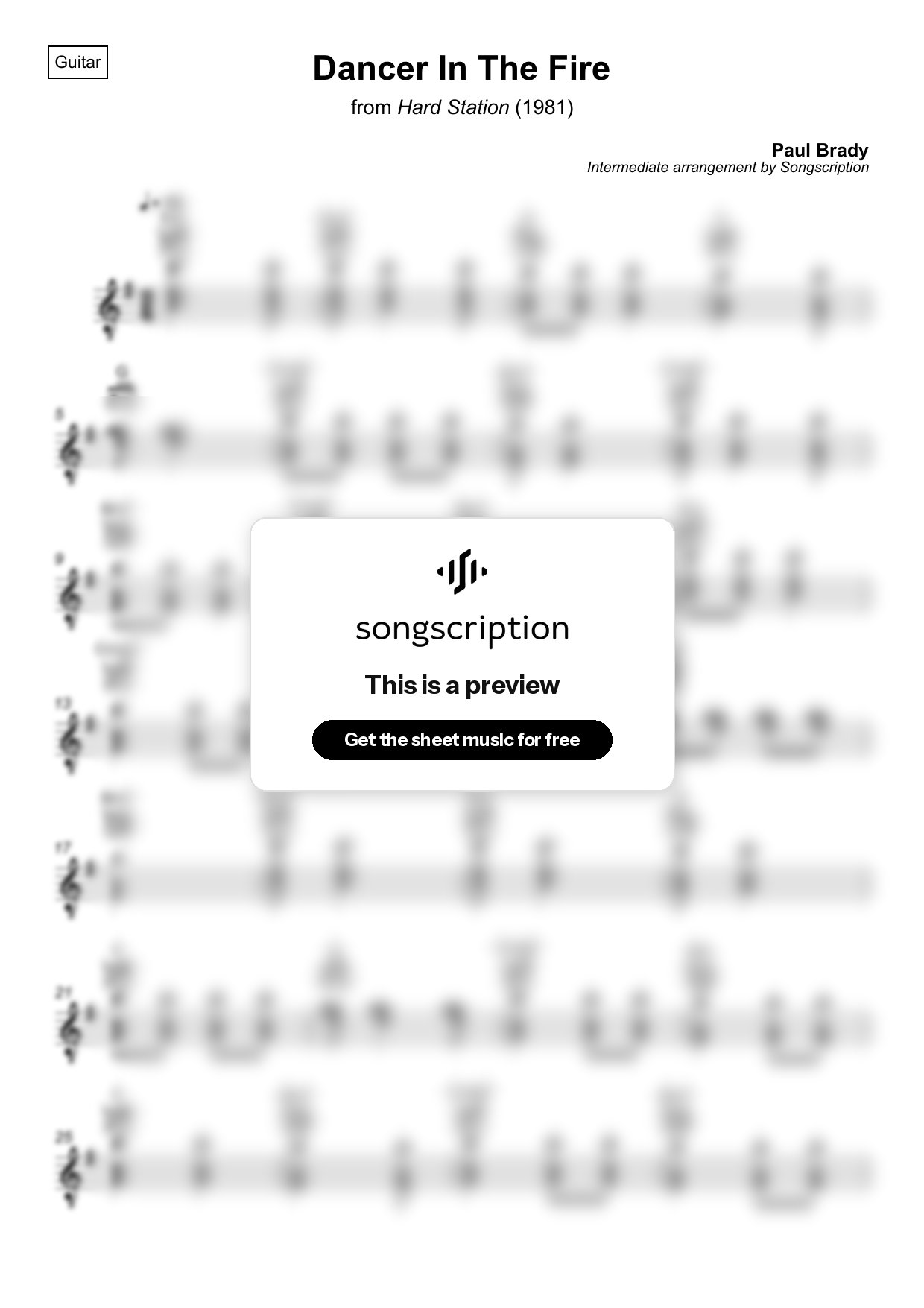 Intermediate Acoustic Guitar Sheet Music for "Dancer In The Fire" by Paul Brady