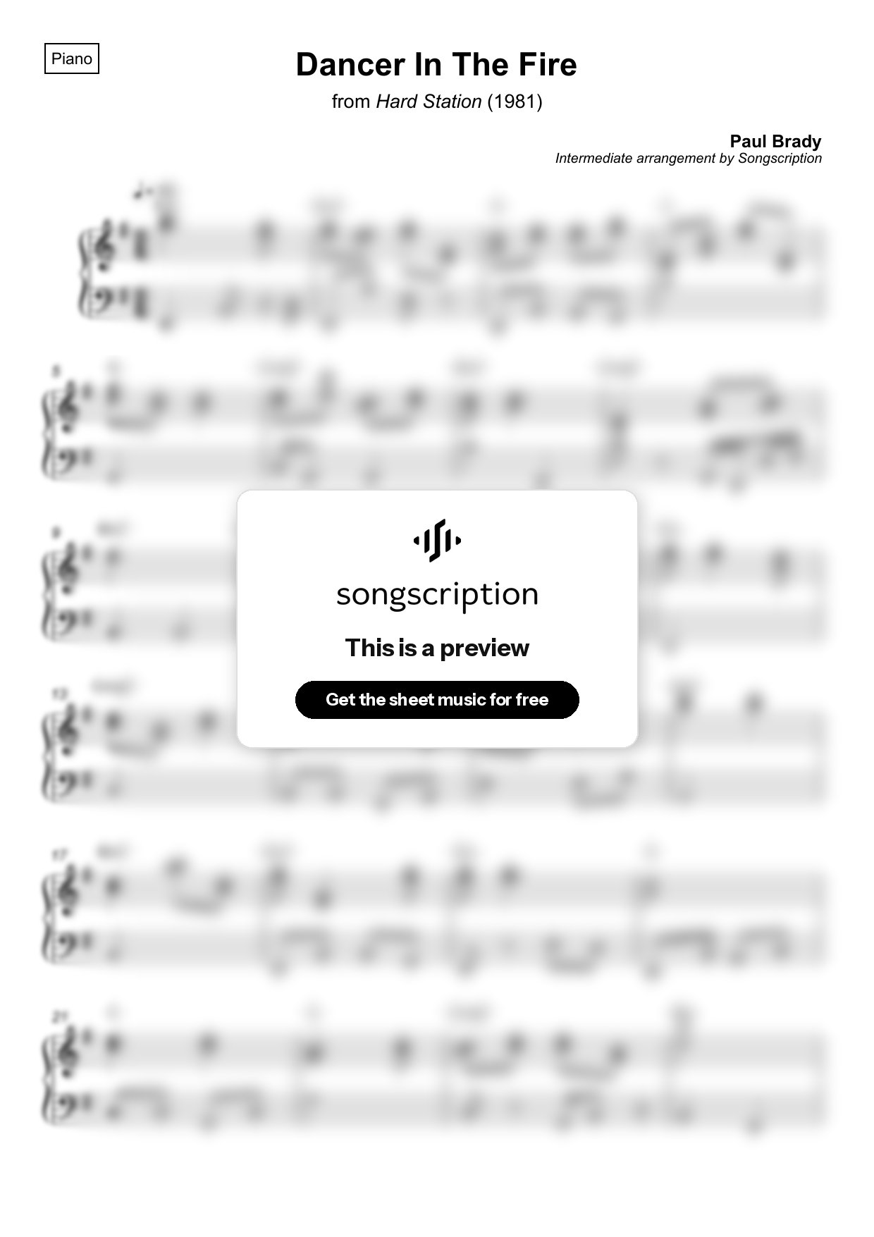 Intermediate Piano Sheet Music for "Dancer In The Fire" by Paul Brady