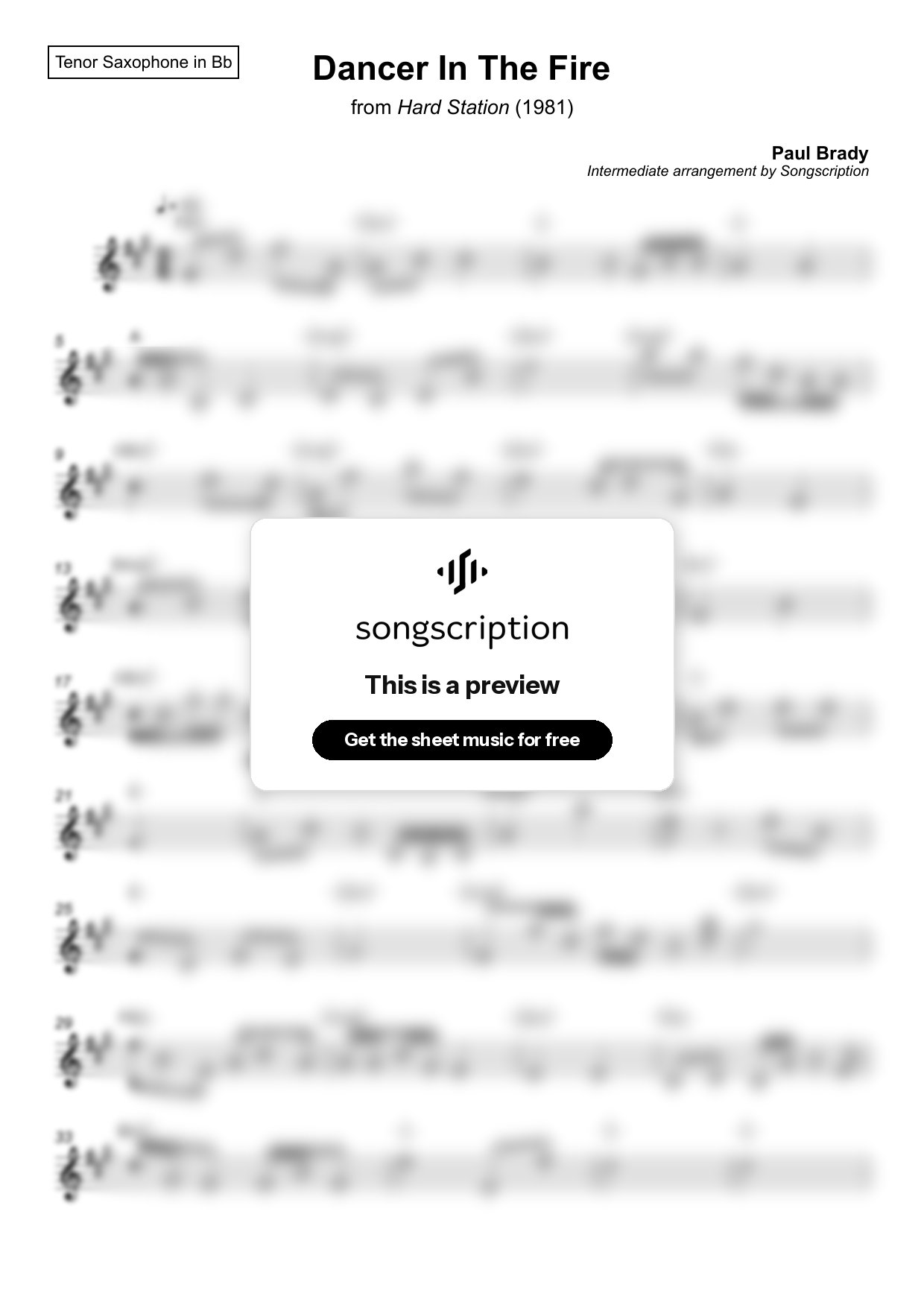 Intermediate Tenor Sax Sheet Music for "Dancer In The Fire" by Paul Brady