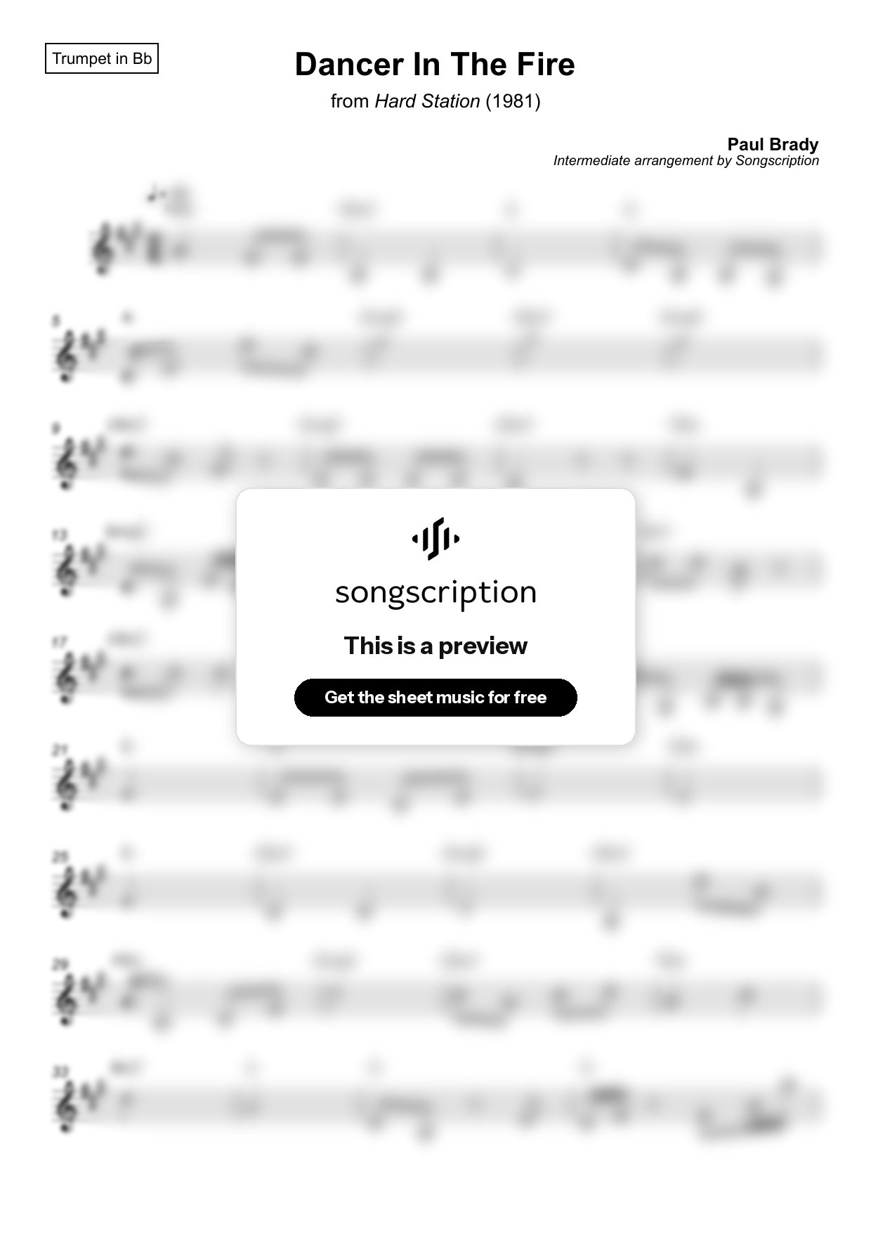 Intermediate Trumpet Sheet Music for "Dancer In The Fire" by Paul Brady