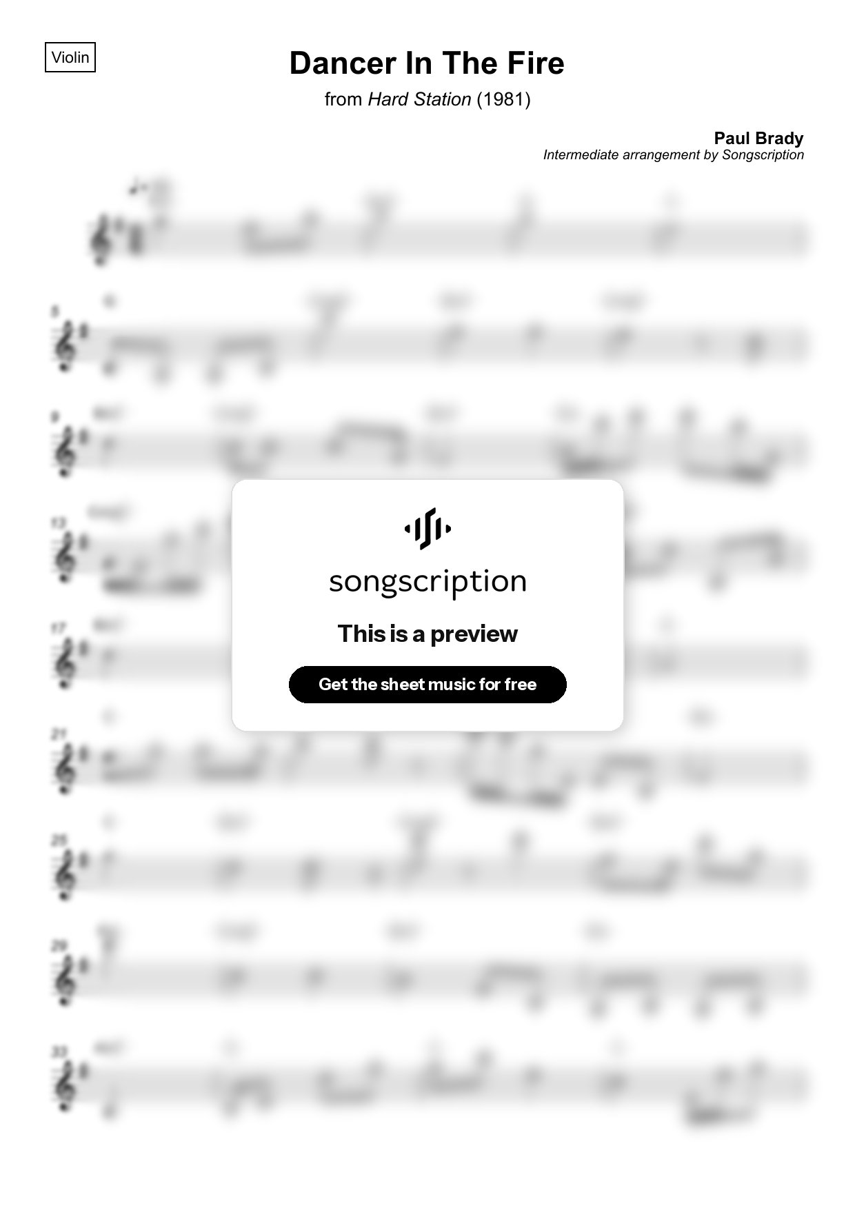 Intermediate Violin Sheet Music for "Dancer In The Fire" by Paul Brady