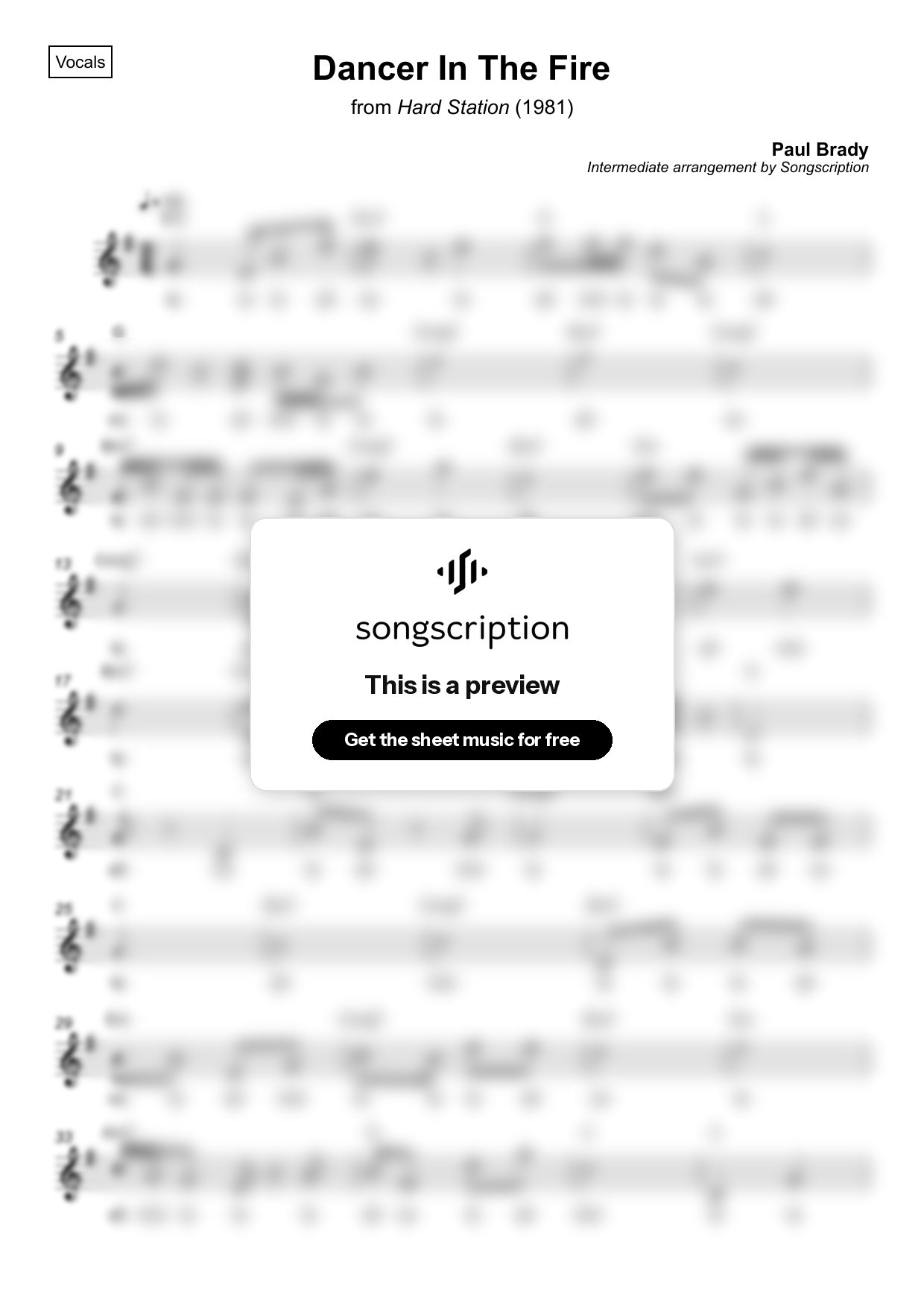 Intermediate Vocals Sheet Music for "Dancer In The Fire" by Paul Brady