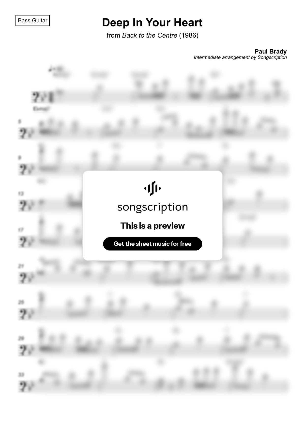 Intermediate Bass Guitar Sheet Music for "Deep In Your Heart" by Paul Brady