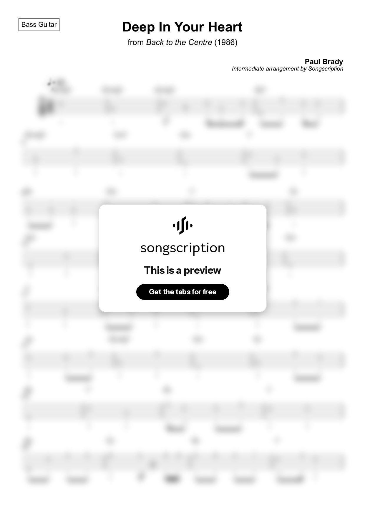 Intermediate Bass Guitar Tabs for "Deep In Your Heart" by Paul Brady