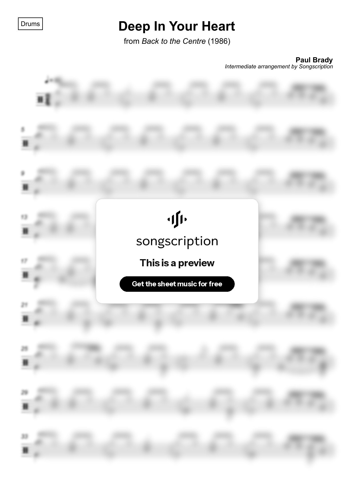 Intermediate Drums Sheet Music for "Deep In Your Heart" by Paul Brady