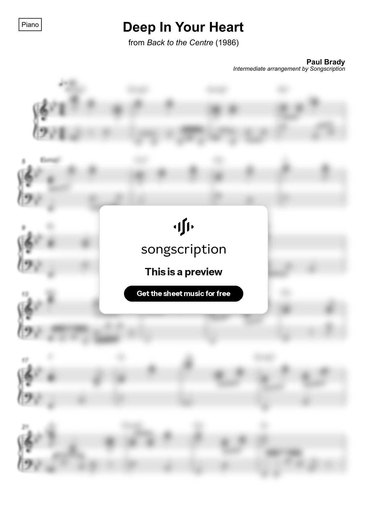 Intermediate Piano Sheet Music for "Deep In Your Heart" by Paul Brady
