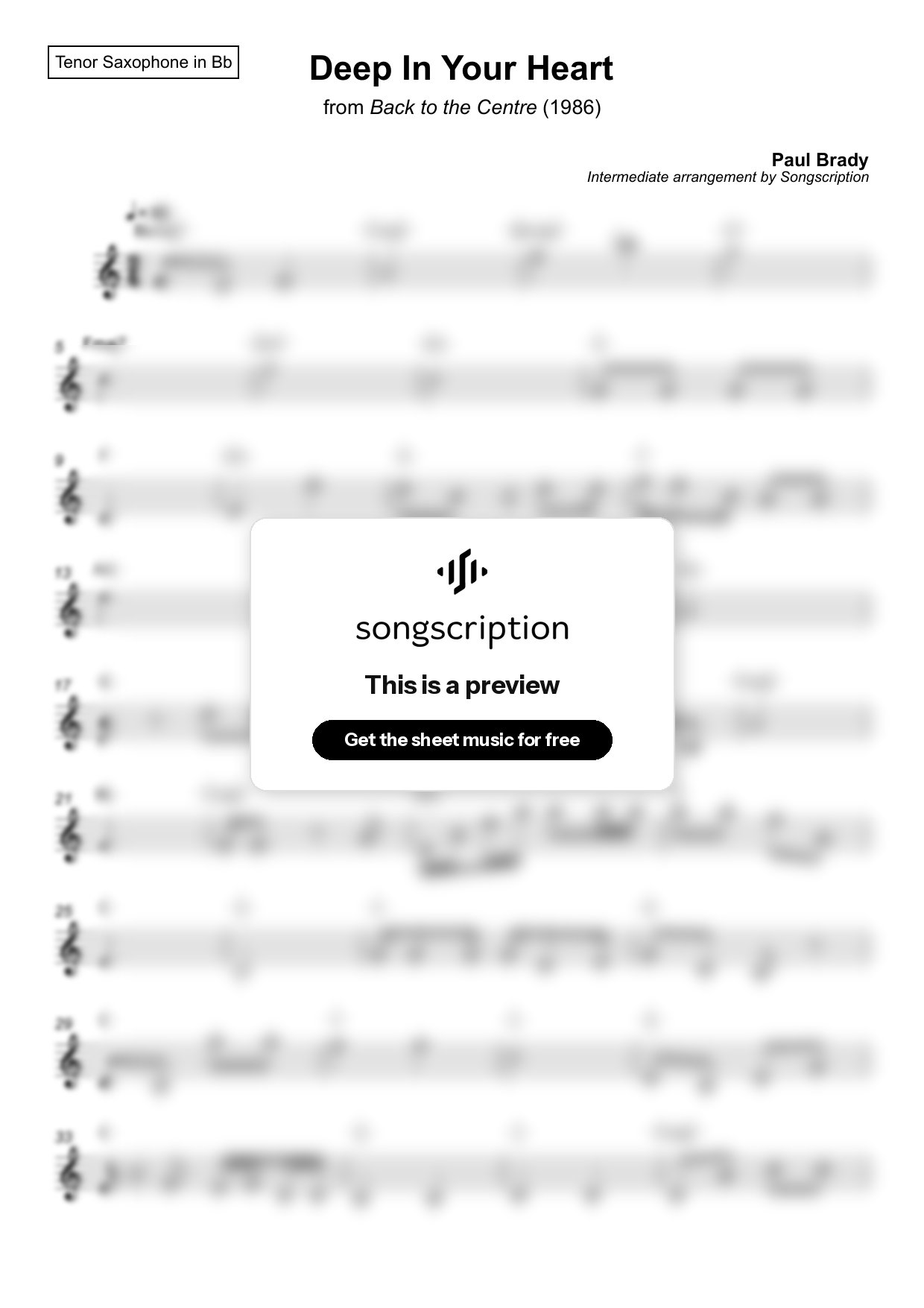 Intermediate Tenor Sax Sheet Music for "Deep In Your Heart" by Paul Brady
