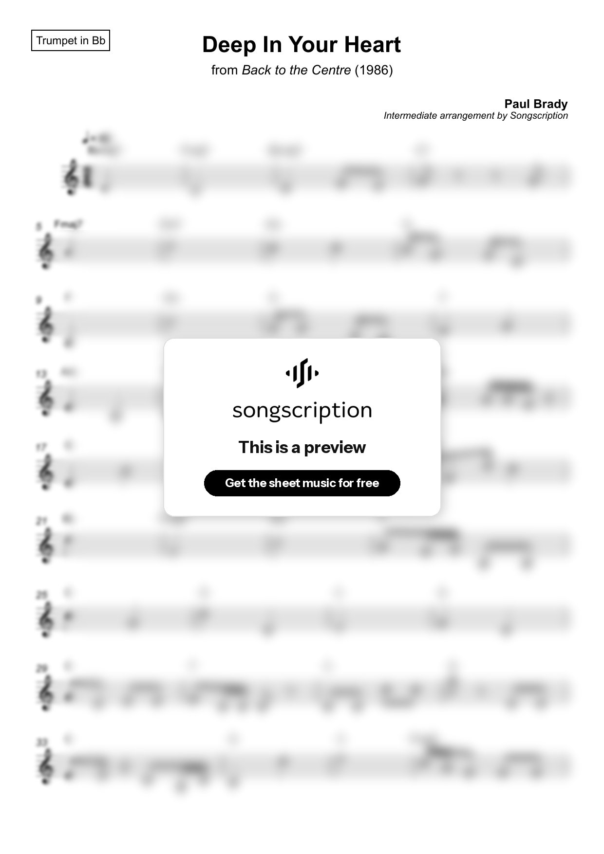 Intermediate Trumpet Sheet Music for "Deep In Your Heart" by Paul Brady
