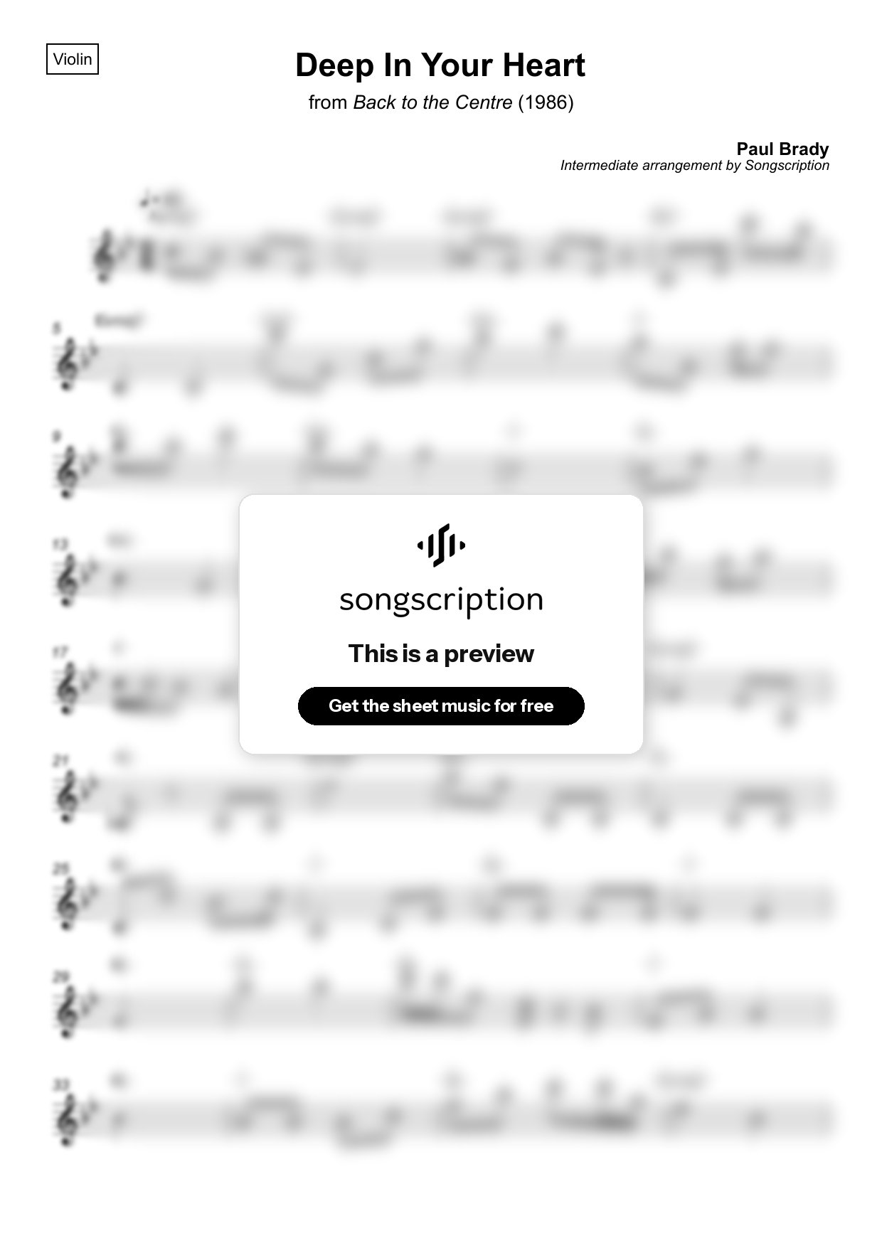 Intermediate Violin Sheet Music for "Deep In Your Heart" by Paul Brady