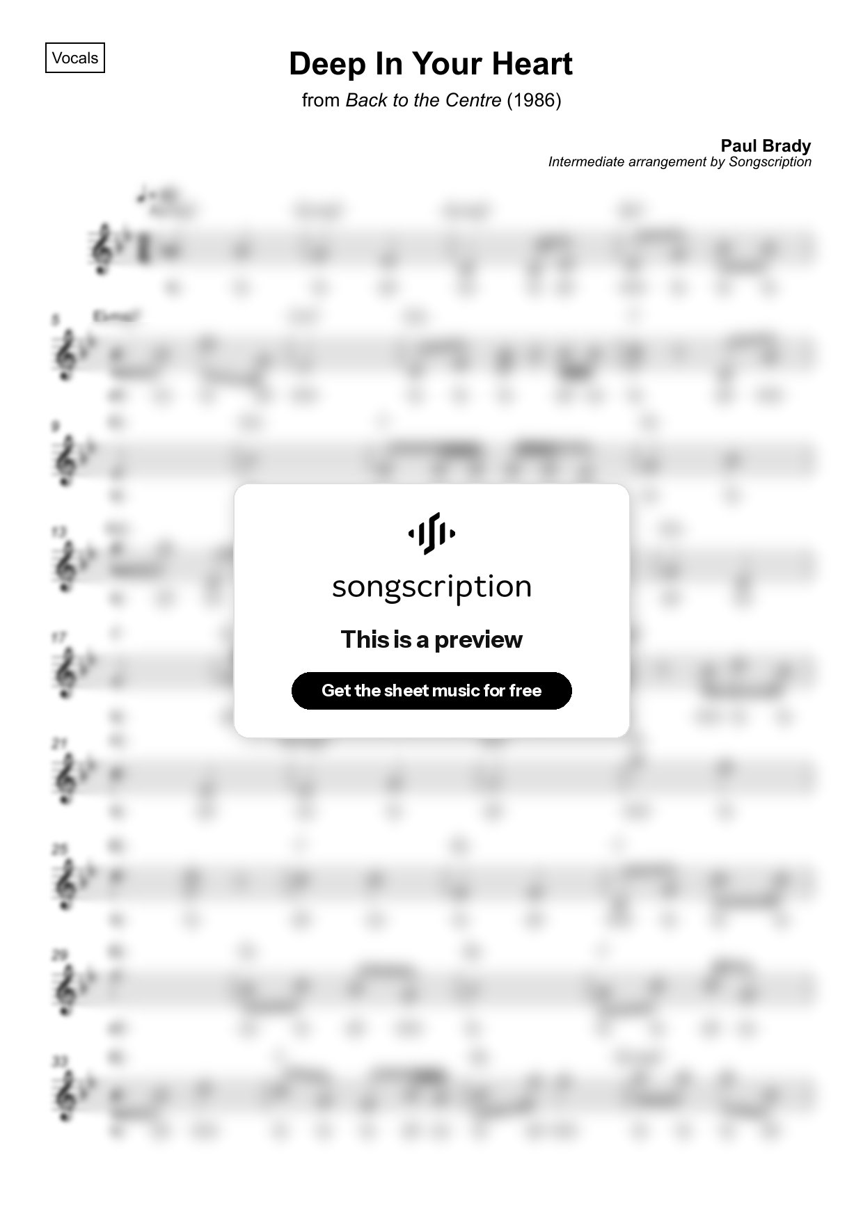 Intermediate Vocals Sheet Music for "Deep In Your Heart" by Paul Brady