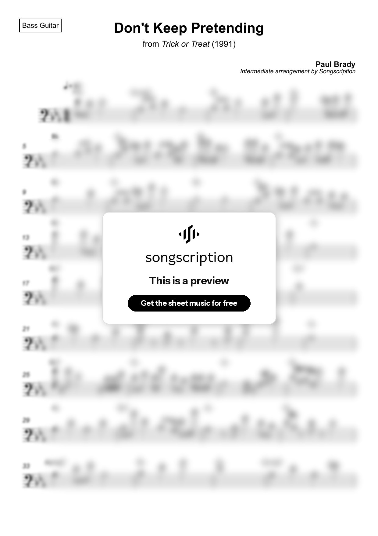 Intermediate Bass Guitar Sheet Music for "Don't Keep Pretending" by Paul Brady