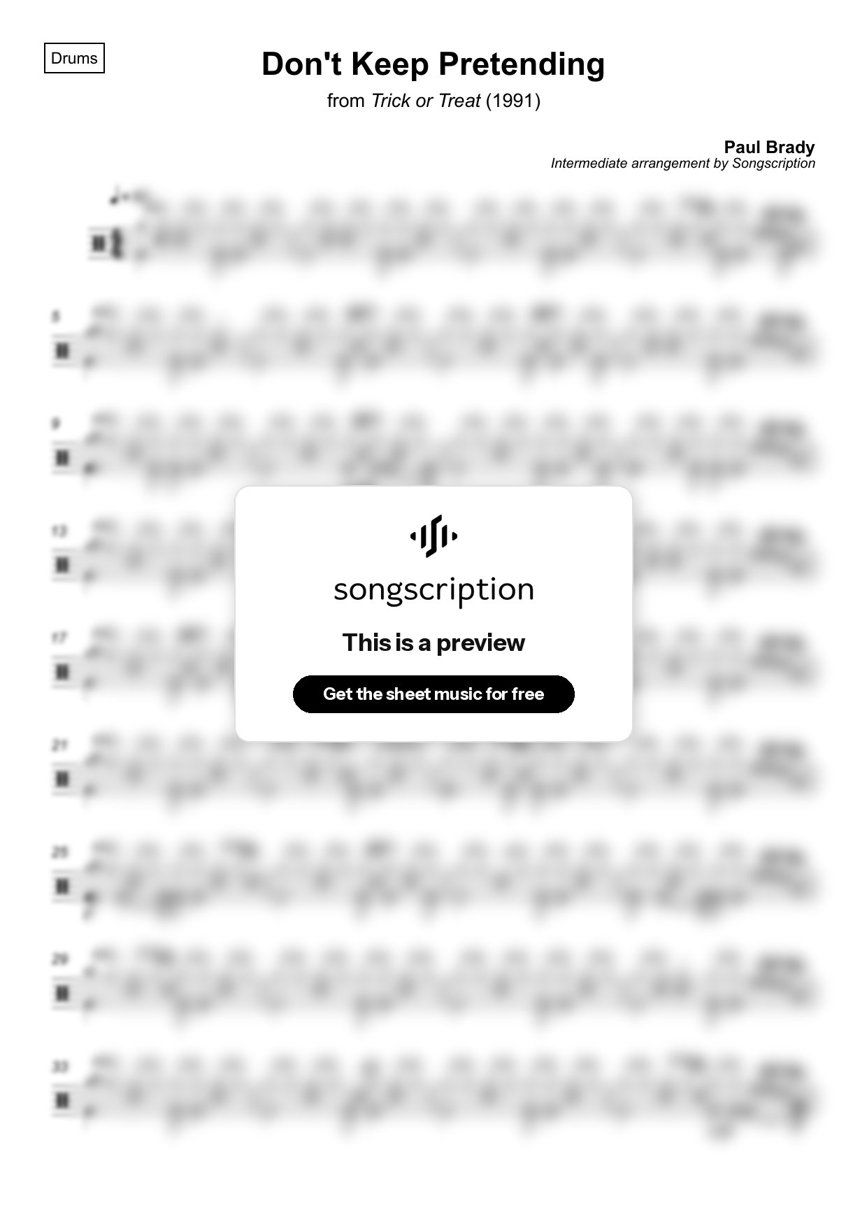 Intermediate Drums Sheet Music for "Don't Keep Pretending" by Paul Brady