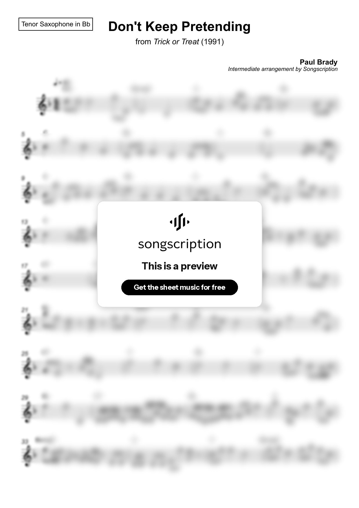 Intermediate Tenor Sax Sheet Music for "Don't Keep Pretending" by Paul Brady