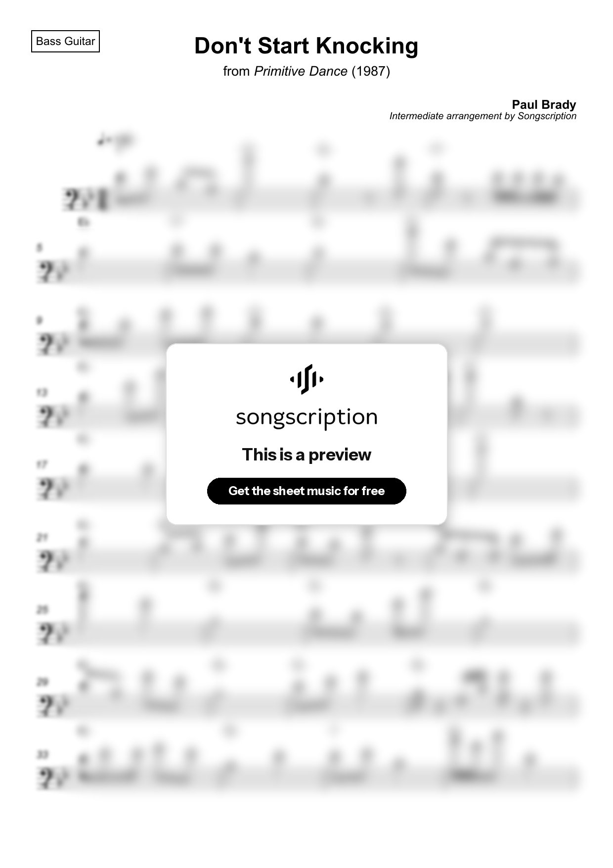 Intermediate Bass Guitar Sheet Music for "Don't Start Knocking" by Paul Brady