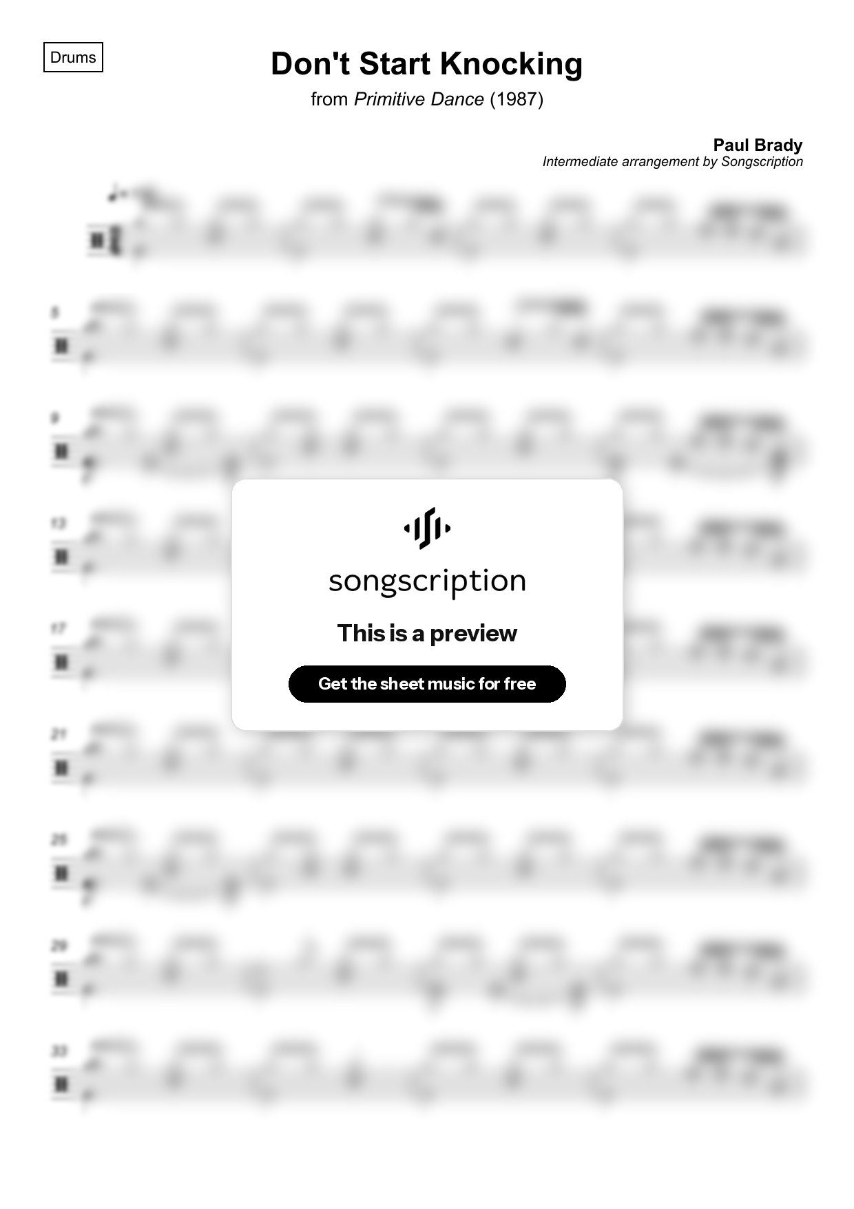 Intermediate Drums Sheet Music for "Don't Start Knocking" by Paul Brady