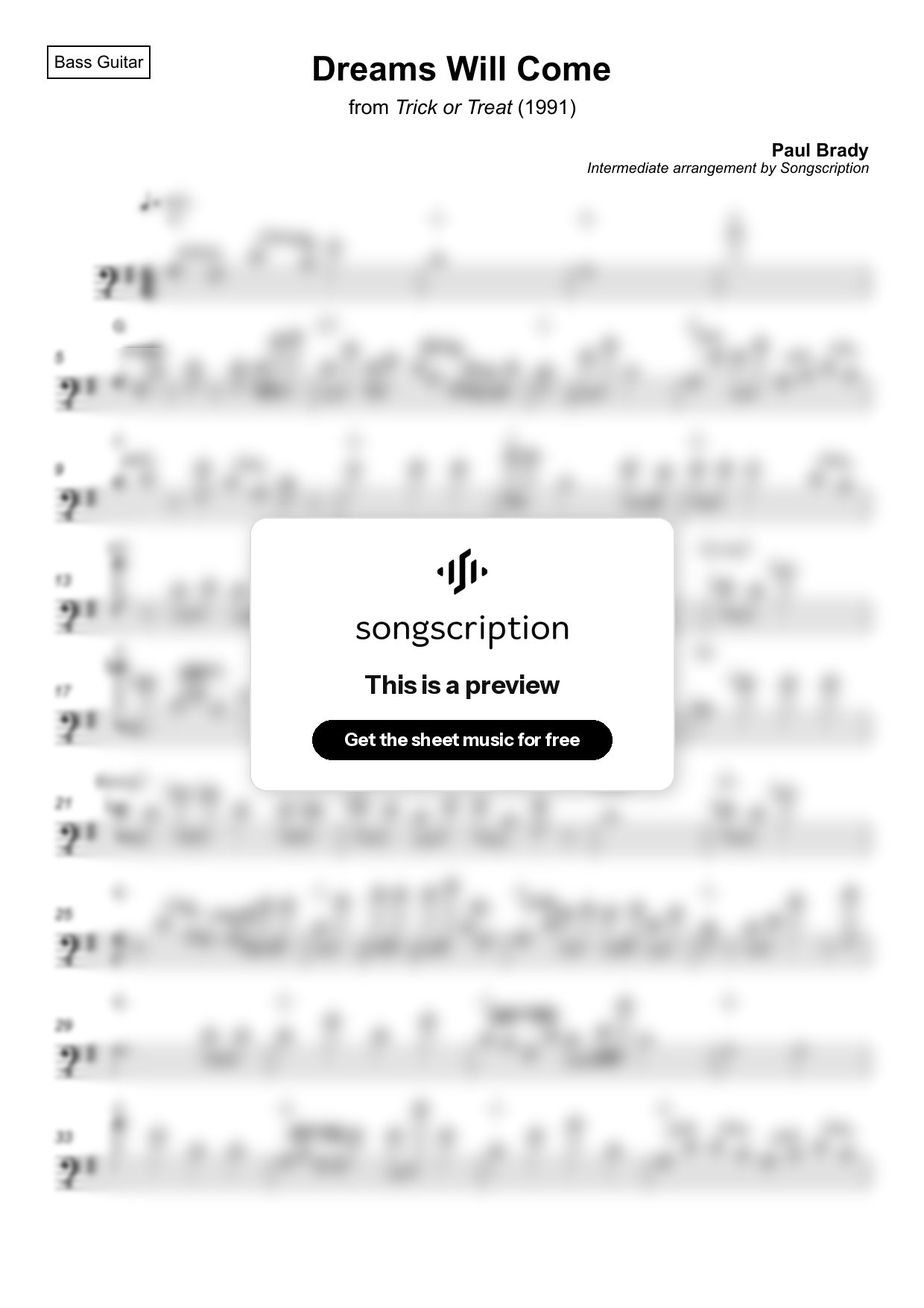 Intermediate Bass Guitar Sheet Music for "Dreams Will Come" by Paul Brady