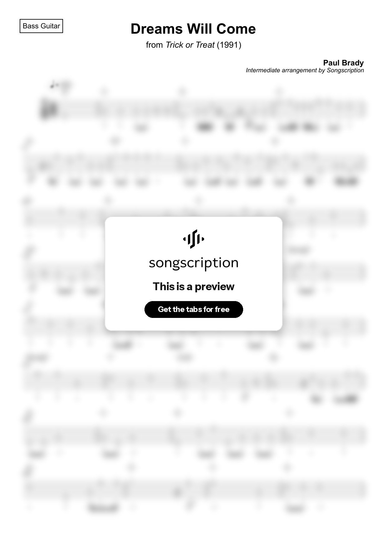 Intermediate Bass Guitar Tabs for "Dreams Will Come" by Paul Brady