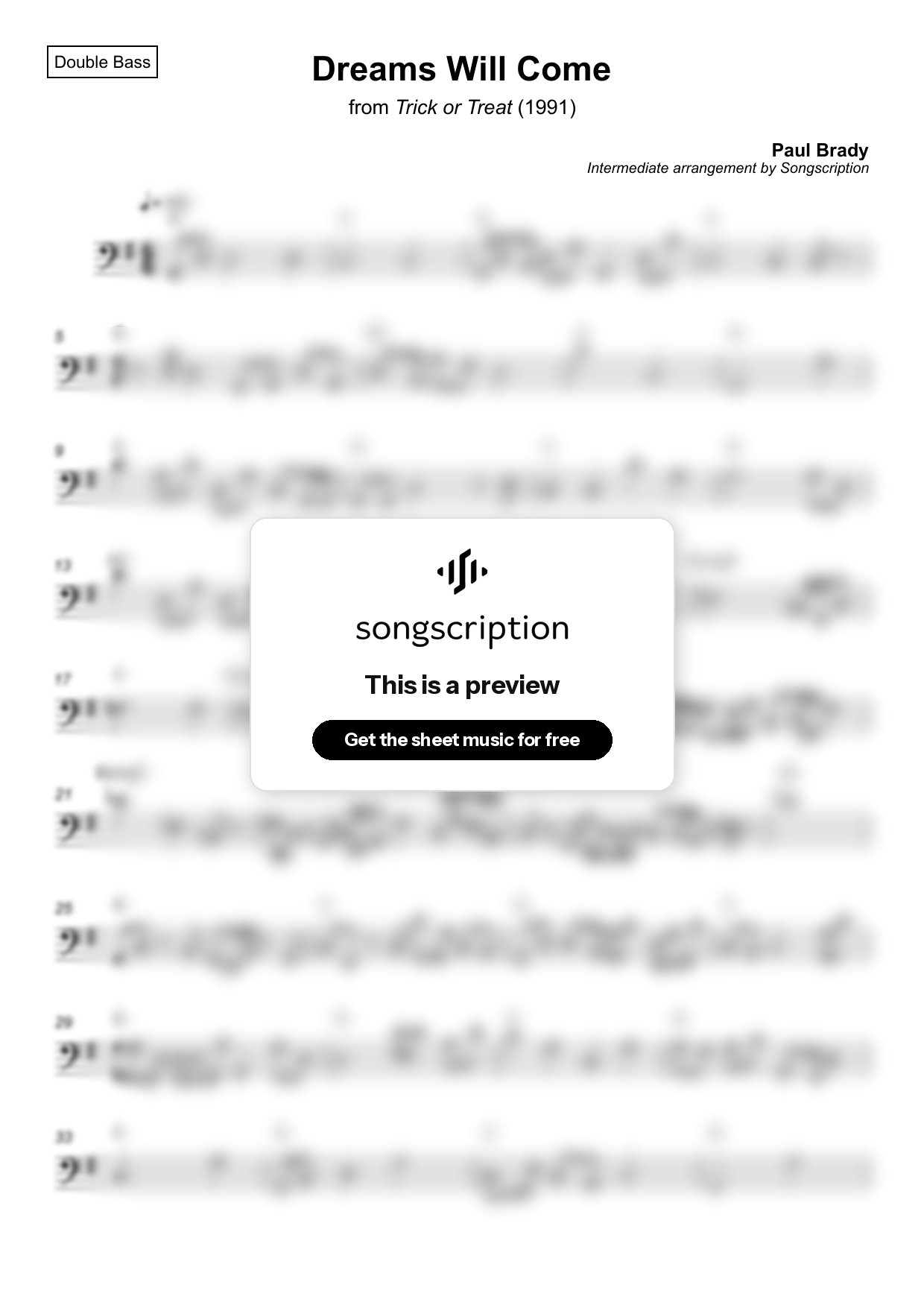 Intermediate Double Bass Sheet Music for "Dreams Will Come" by Paul Brady