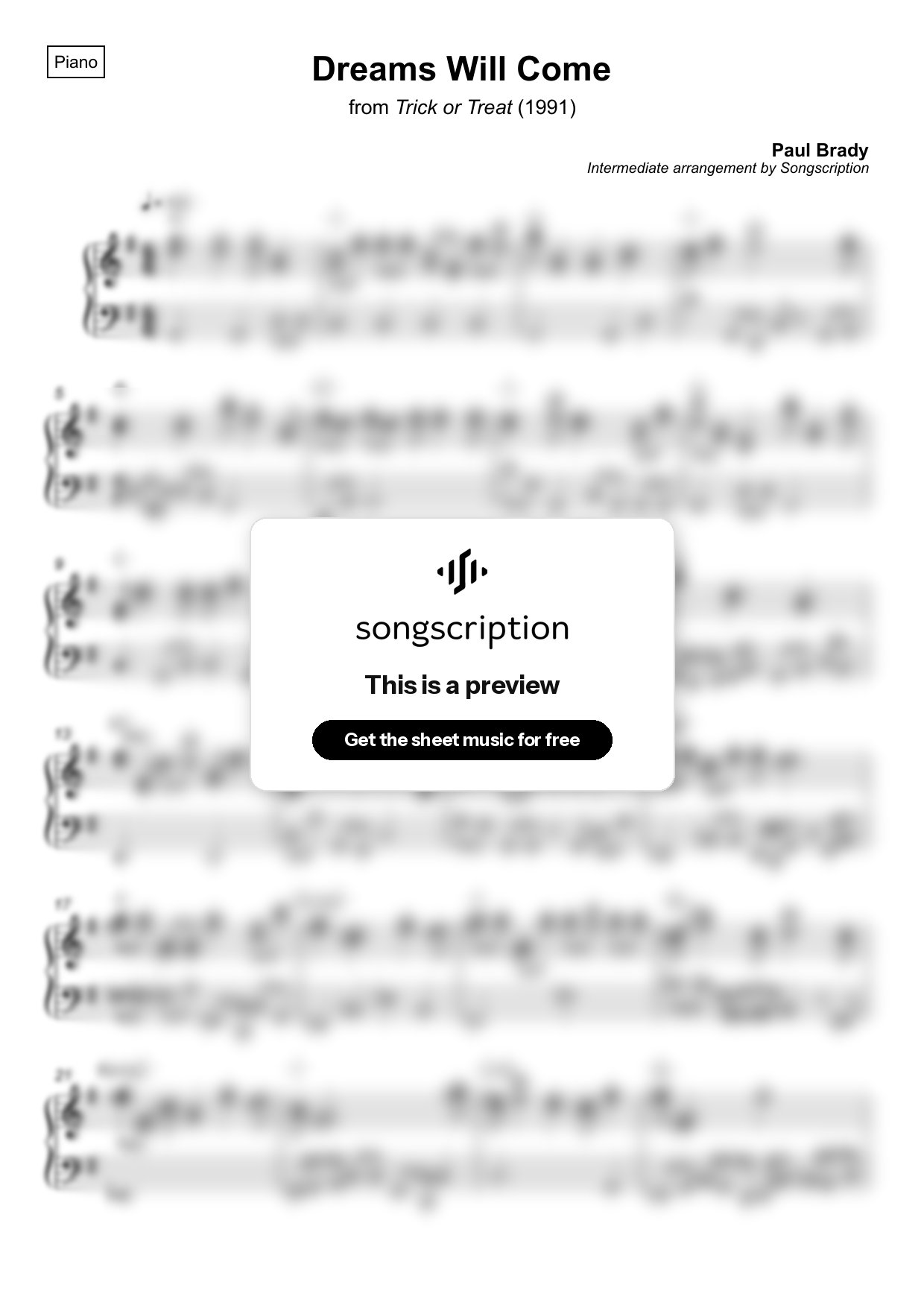 Intermediate Piano Sheet Music for "Dreams Will Come" by Paul Brady
