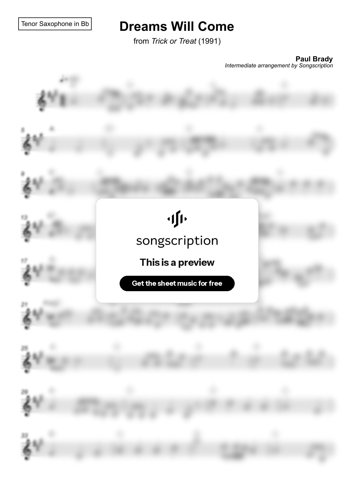 Intermediate Tenor Sax Sheet Music for "Dreams Will Come" by Paul Brady