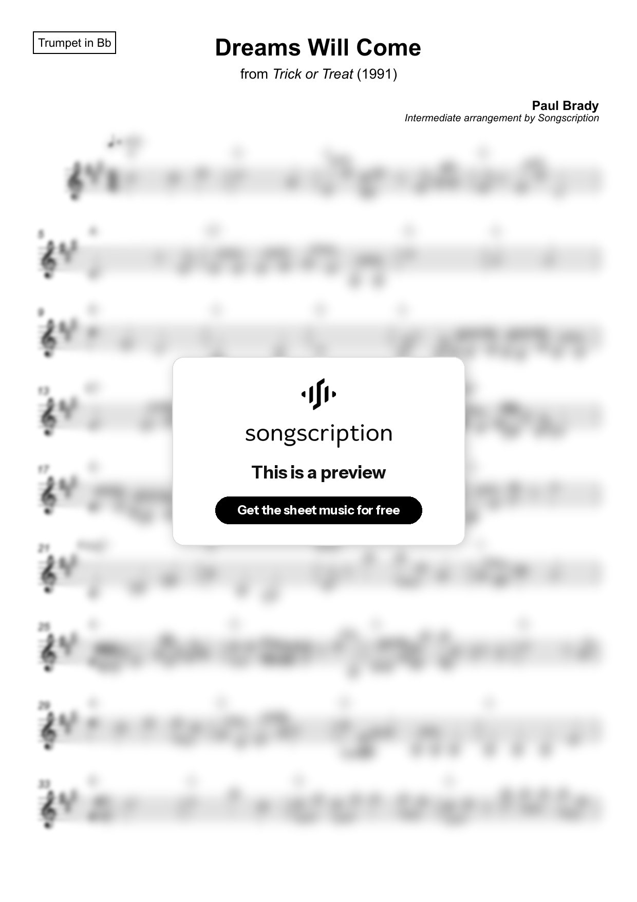 Intermediate Trumpet Sheet Music for "Dreams Will Come" by Paul Brady