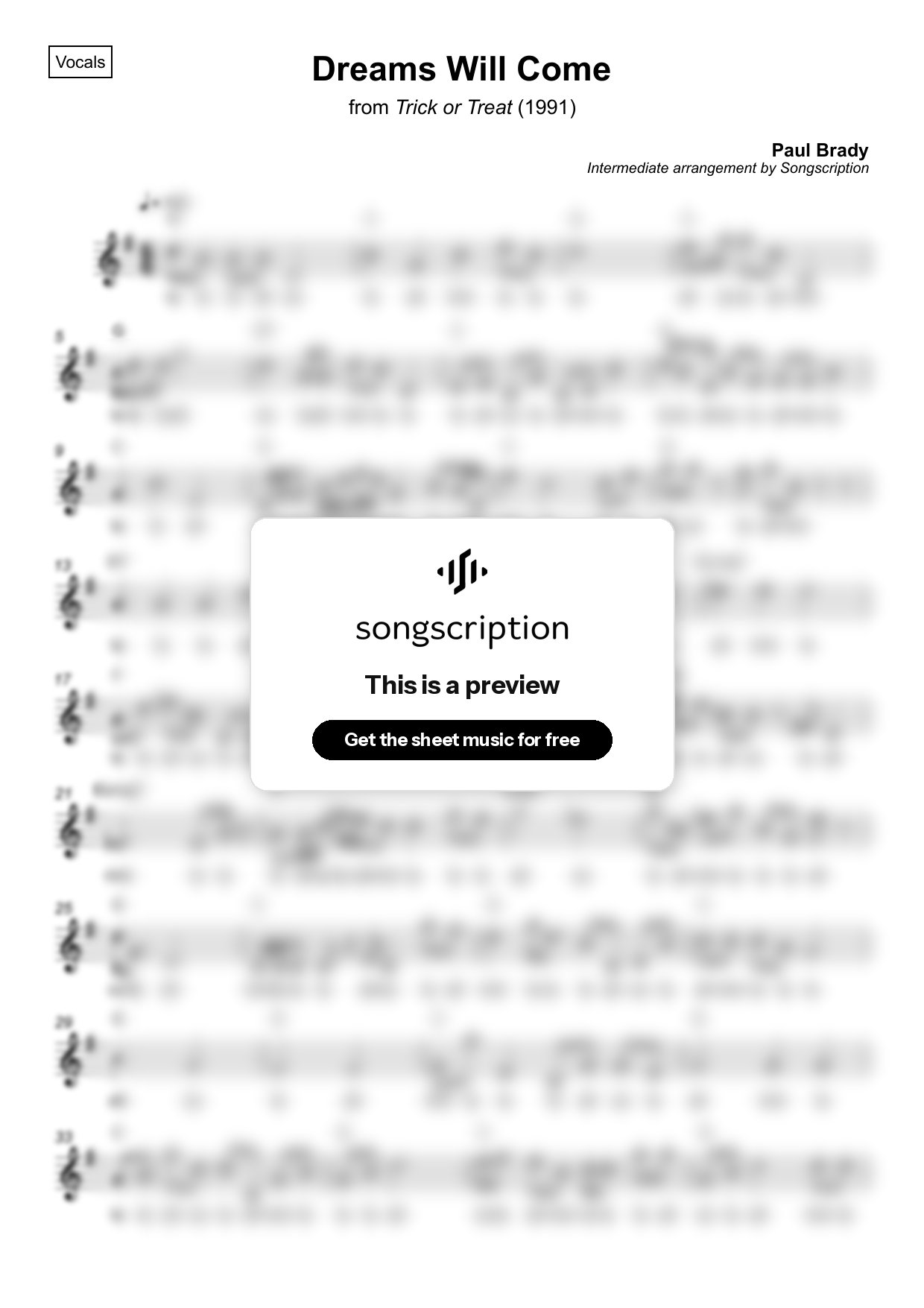 Intermediate Vocals Sheet Music for "Dreams Will Come" by Paul Brady