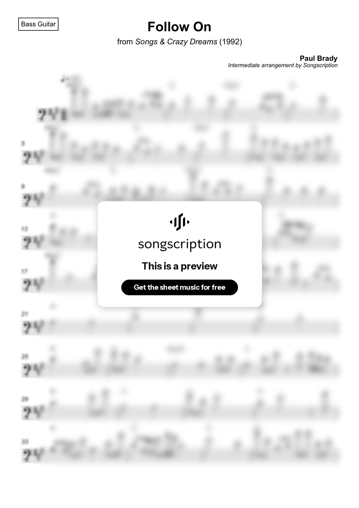 Intermediate Bass Guitar Sheet Music for "Follow On" by Paul Brady