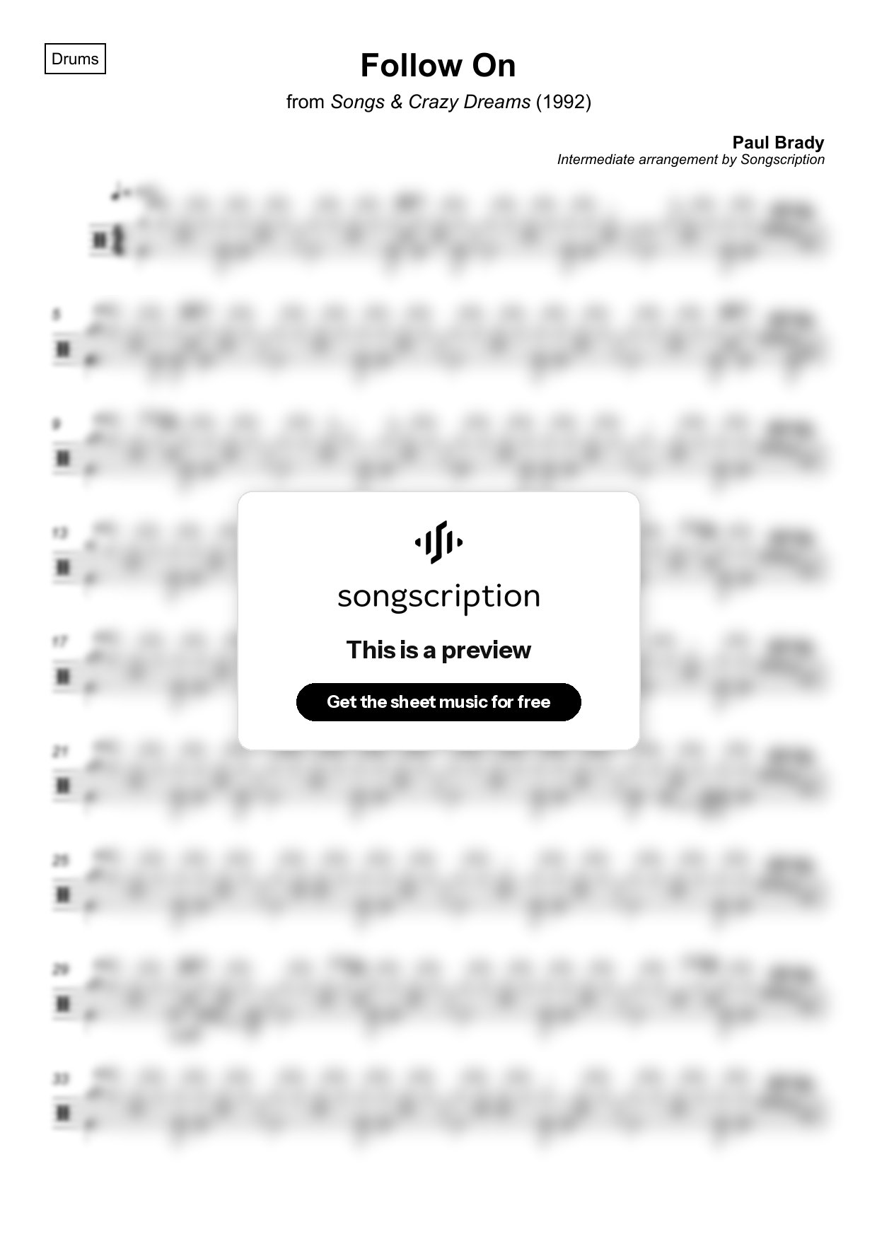 Intermediate Drums Sheet Music for "Follow On" by Paul Brady