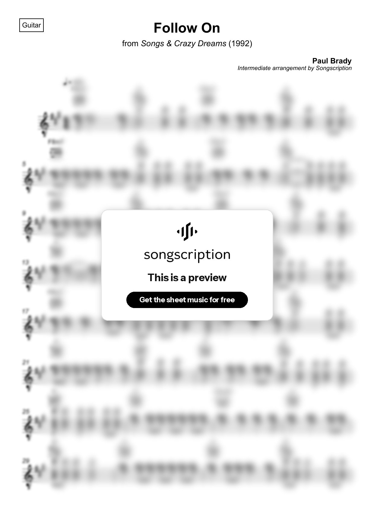 Intermediate Acoustic Guitar Sheet Music for "Follow On" by Paul Brady