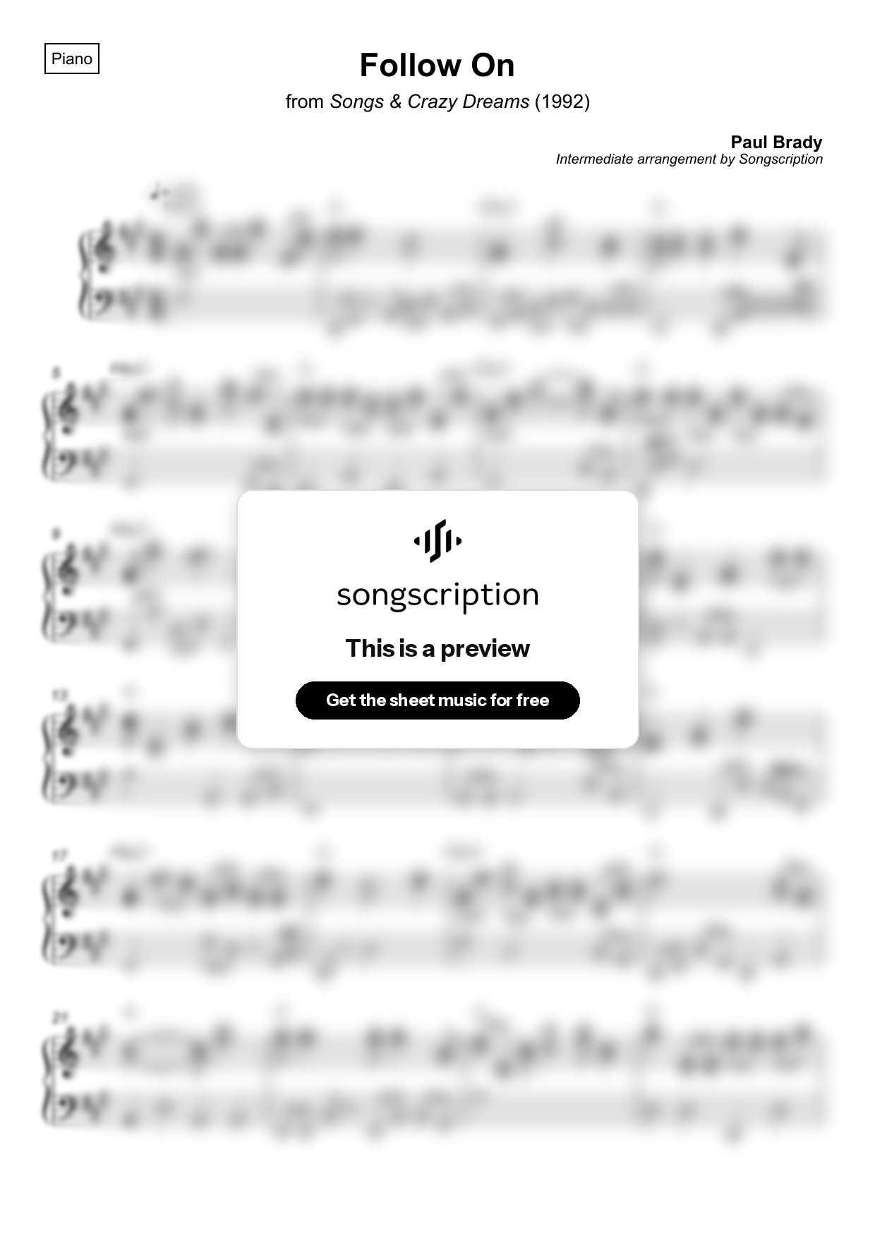 Intermediate Piano Sheet Music for "Follow On" by Paul Brady